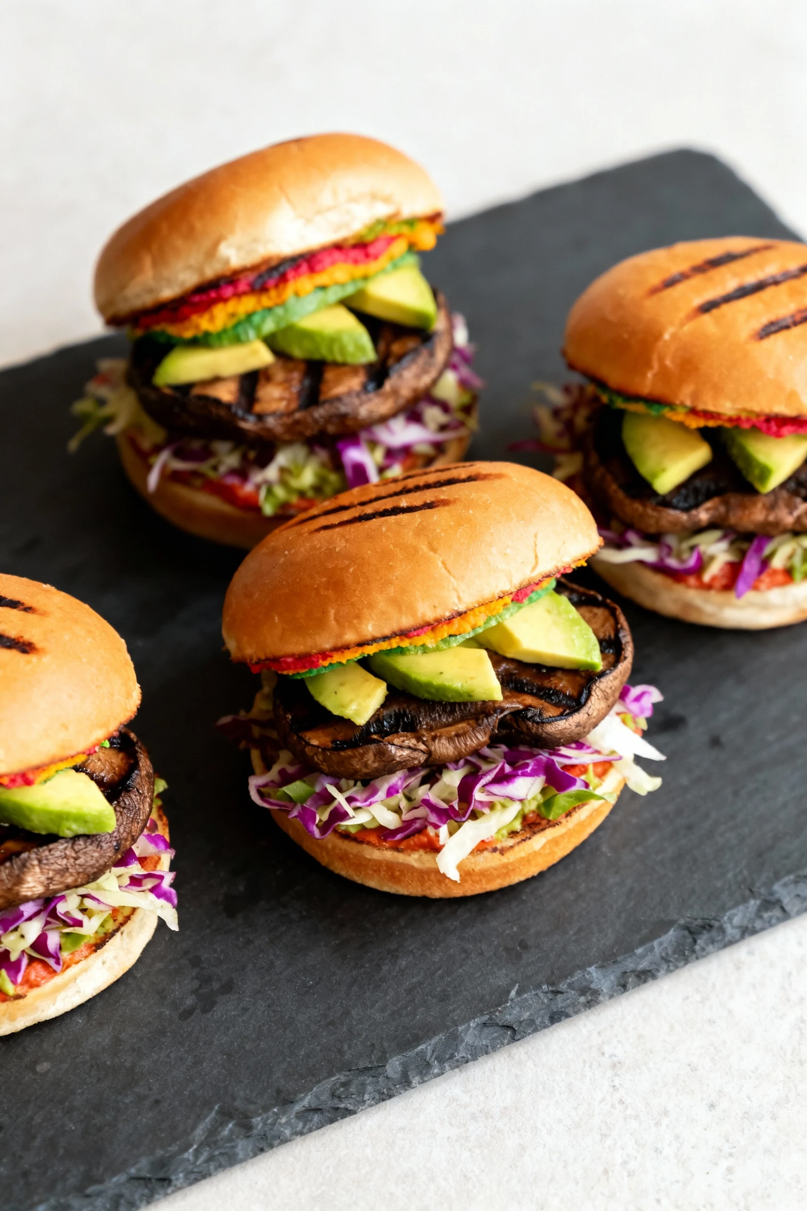 Top-down view of gourmet veggie sliders made with grilled portobello mushrooms, avocado slices, and vibrant coleslaw, bu