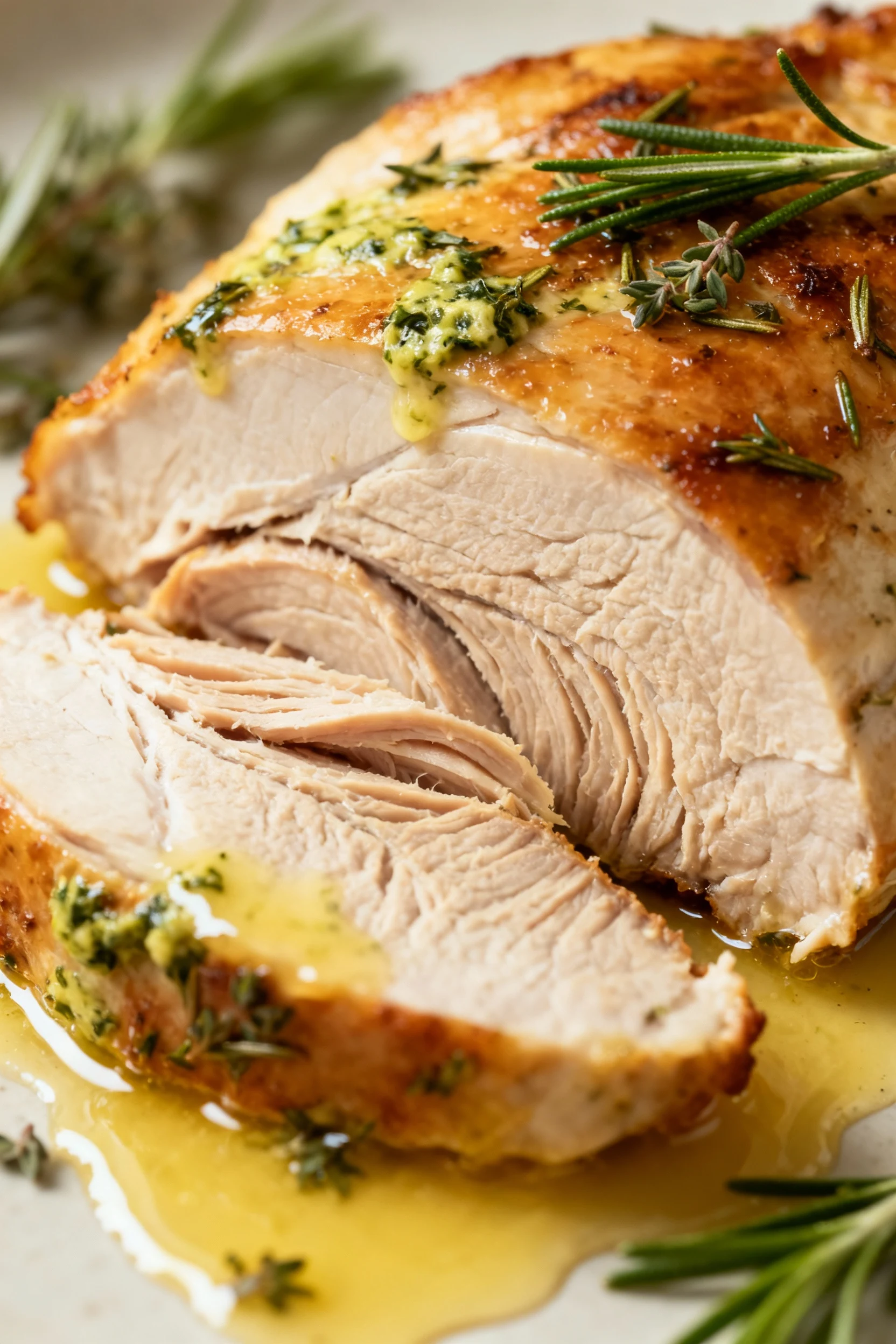 Close-up of juicy herb butter roast turkey breast being sliced, showcasing tender texture, melted butter pooling at the 
