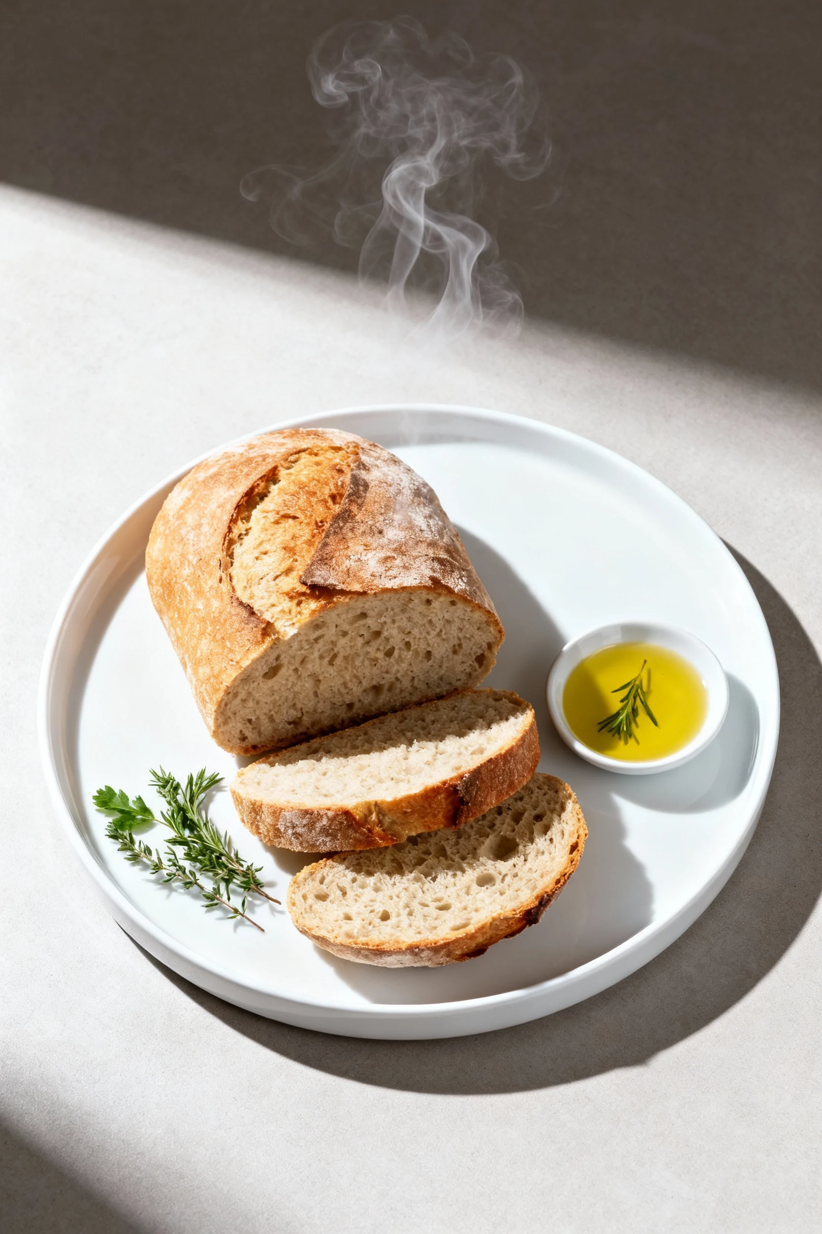 6. Overhead composition of sliced loaf presented on a white ceramic platter, steam faintly rising, served with a small d