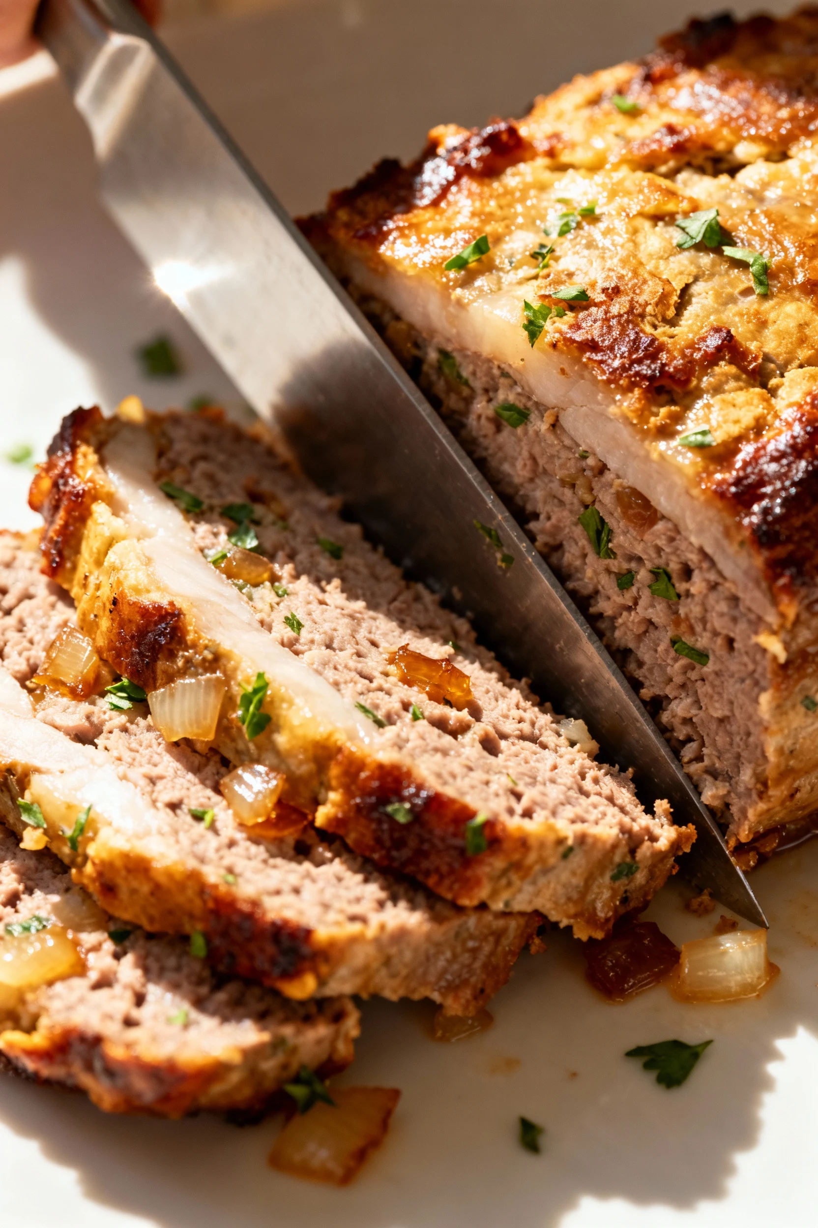 Close-up detail of knife slicing through rested meatloaf, highlighting the juicy texture, flecks of onion and herbs, and