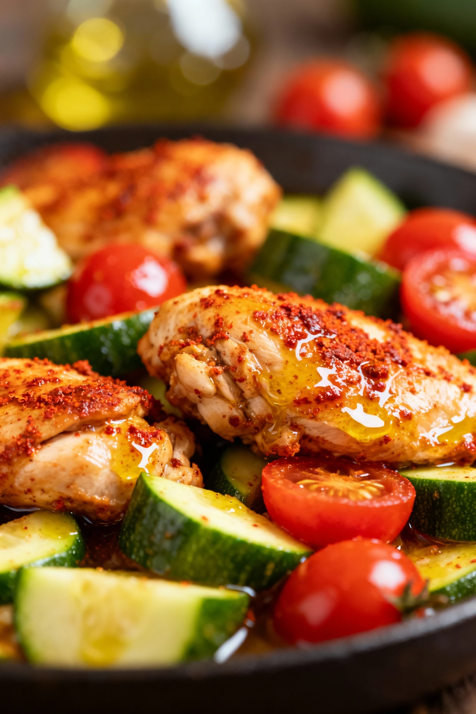 Close-up of paprika-seasoned chicken pieces mingled with glossy zucchini and cherry tomatoes, highlighted textures from 
