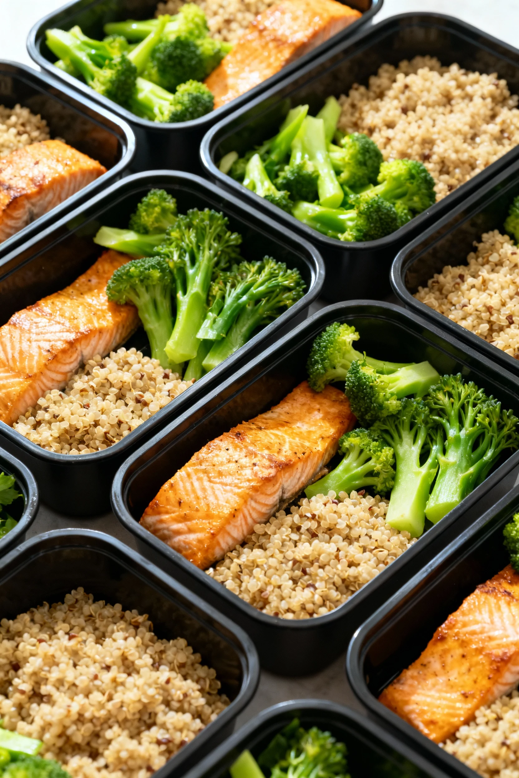 Top-down shot of meal prep containers neatly arranged with baked salmon fillet, steamed vegetables, and quinoa, vibrant 