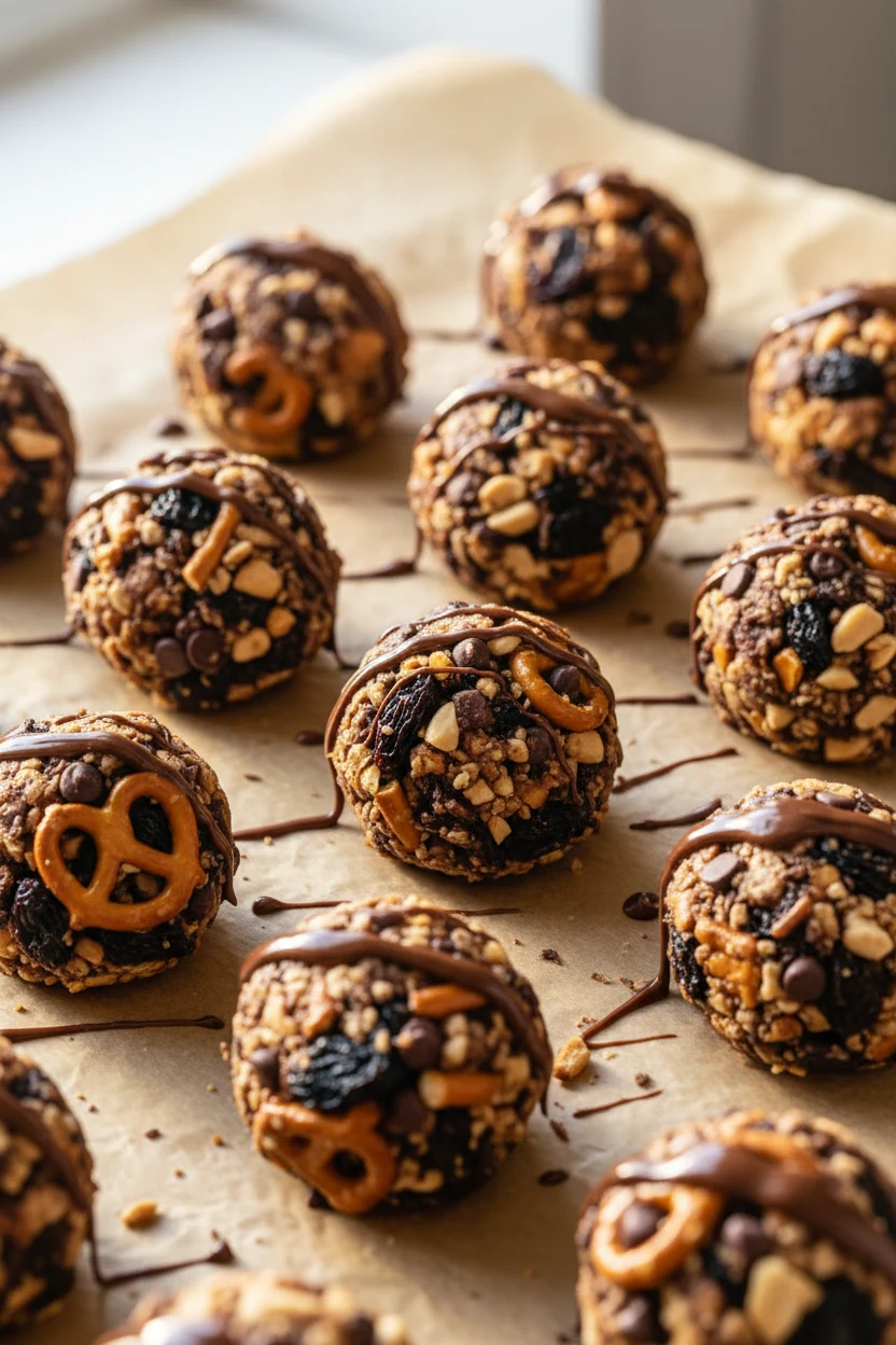 Trail Mix energy bites on a parchment-lined sheet: freshly scooped rounds from a cookie scoop showing raisins, chopped p
