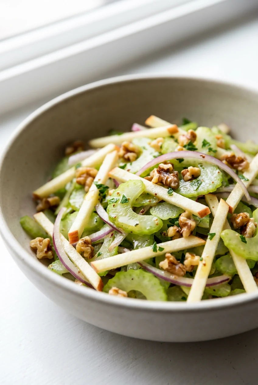 Close-up of Crunchy Celery Salad with Apple and Walnut: razor-thin celery on the bias, apple matchsticks, slivers of red