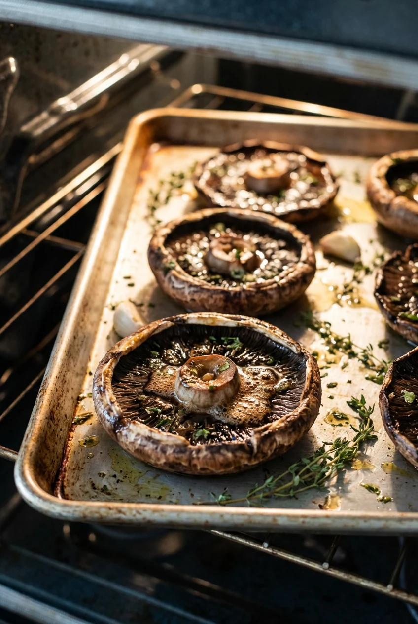 Portobello caps roasting gill-side up on a preheated rimmed sheet pan at 425°F, juices pooling in centers, edges turning