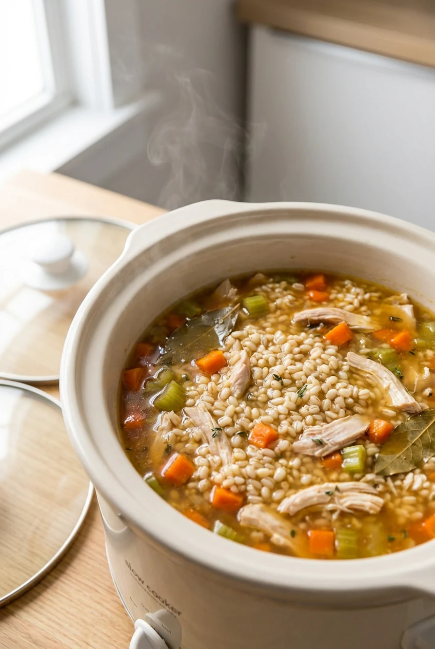 Cooking process — Slow cooker turkey rice soup at a gentle simmer, plumped rice grains, shredded turkey, diced carrots a