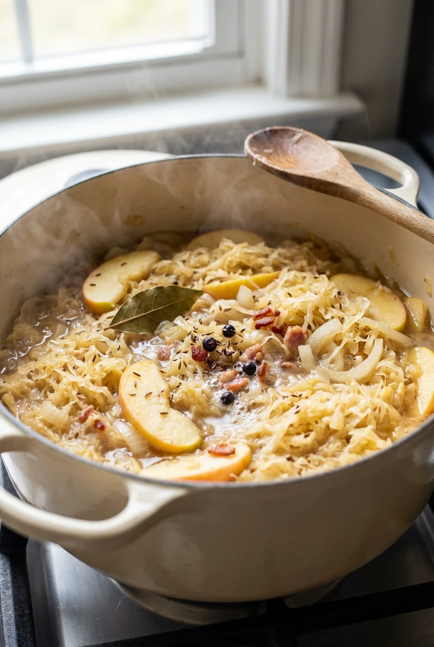 German sauerkraut with apples & caraway simmering in a wide enameled Dutch oven, deglazed with white wine and broth: str