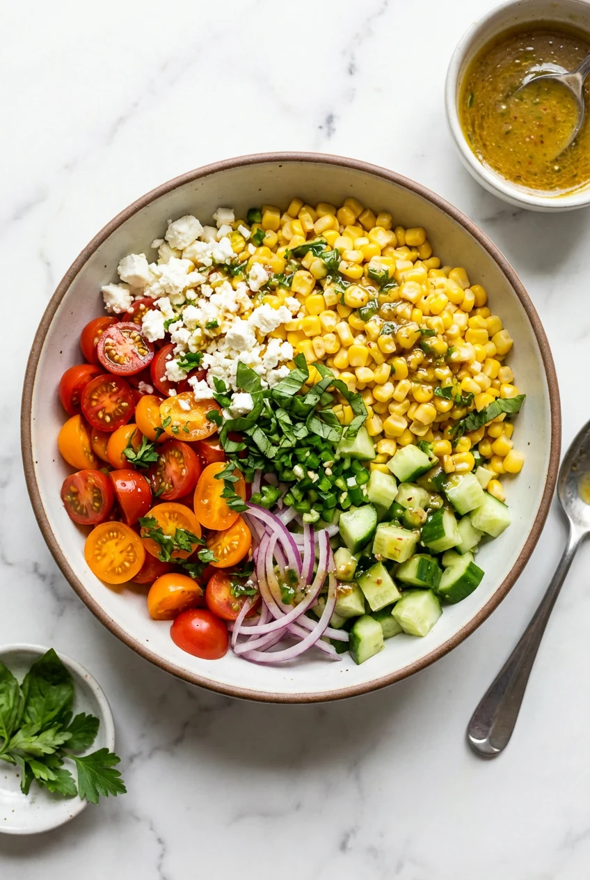 Tasty top view: Overhead shot of fresh sweet corn salad in a large white bowl—yellow corn, halved cherry tomatoes, diced