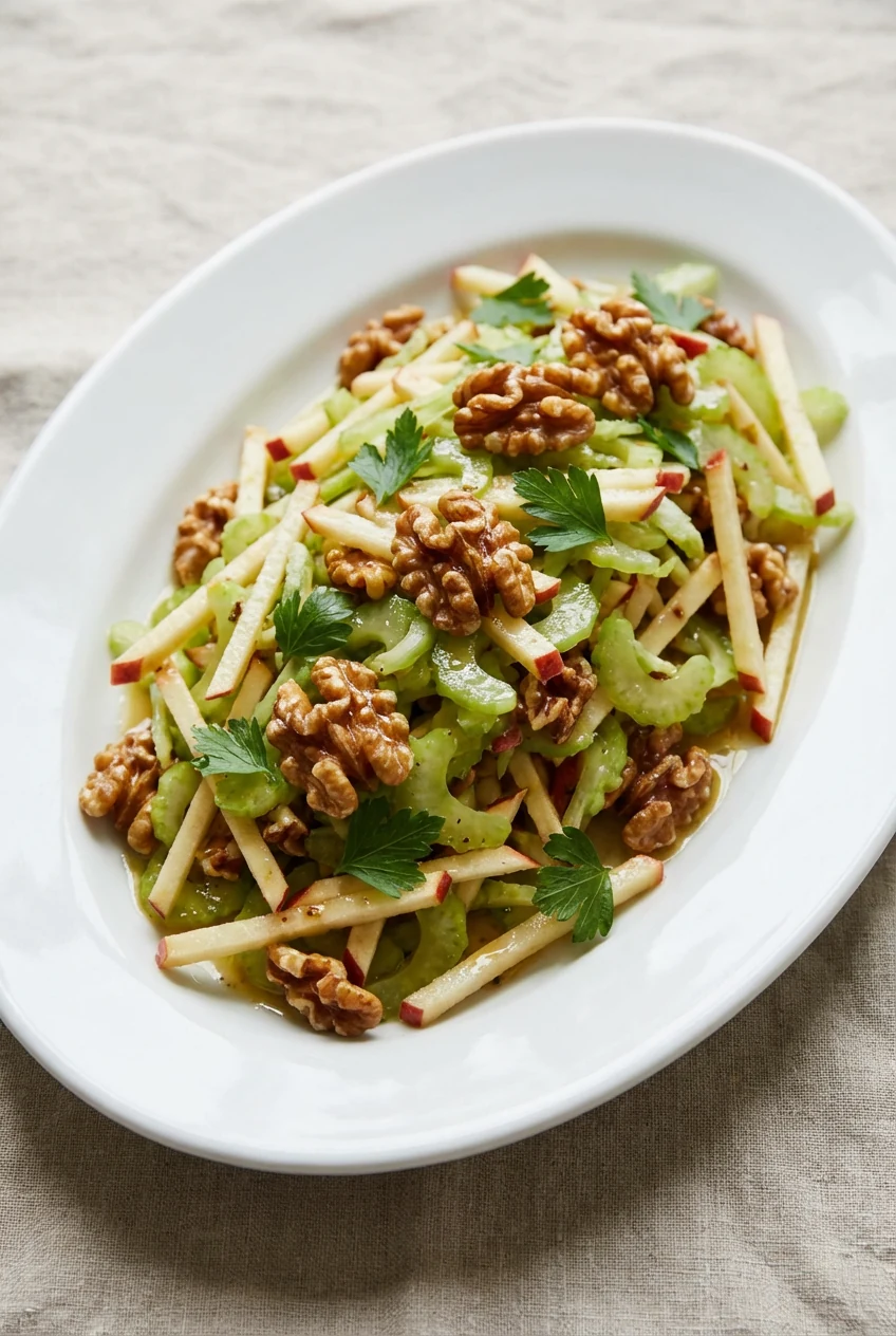 Final dish: Beautifully plated Crunchy Celery Salad with Apple and Walnut on an oval white platter, topped with reserved