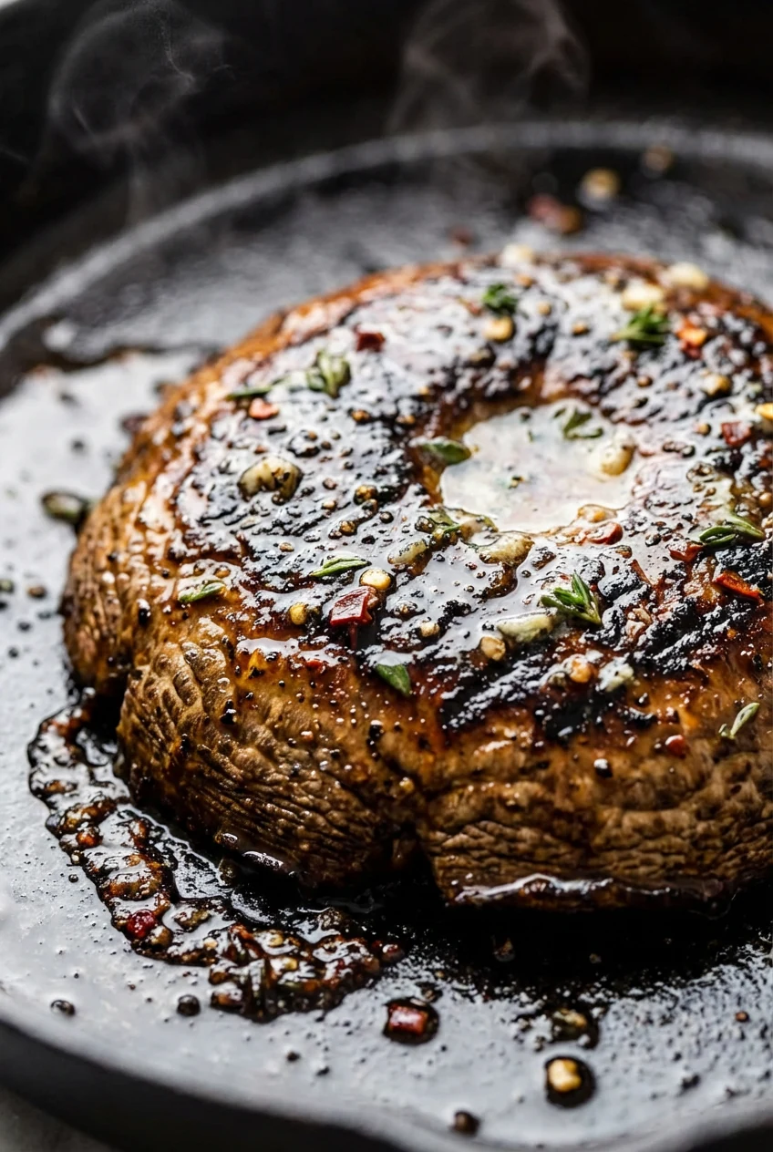 Extreme close-up after flip and baste: meaty, springy cap with steakhouse char, glossy garlic–butter glaze with flecks o