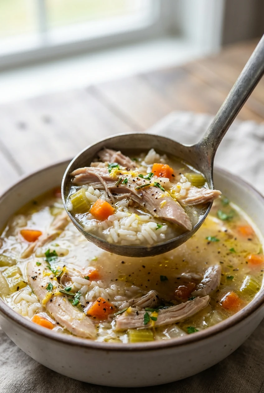Close-up detail — Ladle lifting cooked turkey rice soup: juicy shredded turkey, tender long-grain white rice, orange car