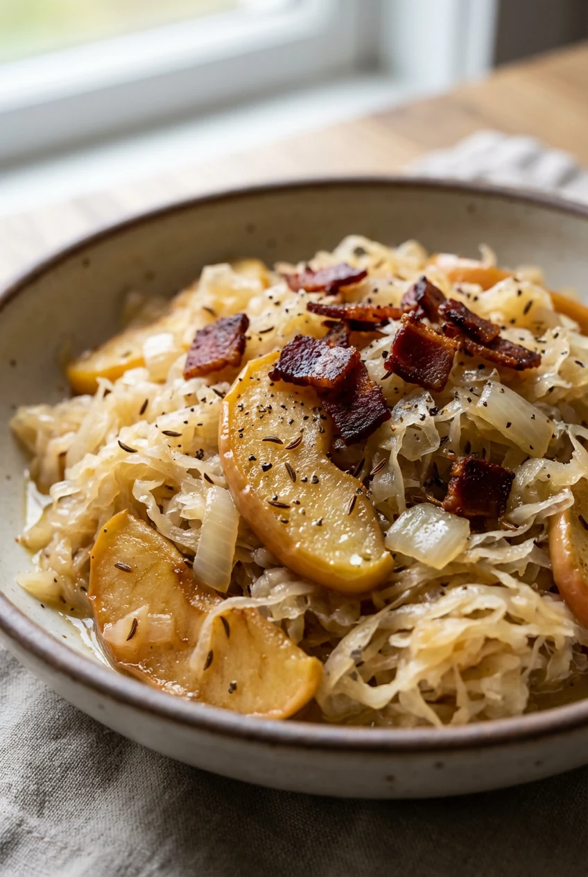 Close-up detail of glossy cooked sauerkraut entwined with thin apple crescents and onions, warm caraway seeds and cracke