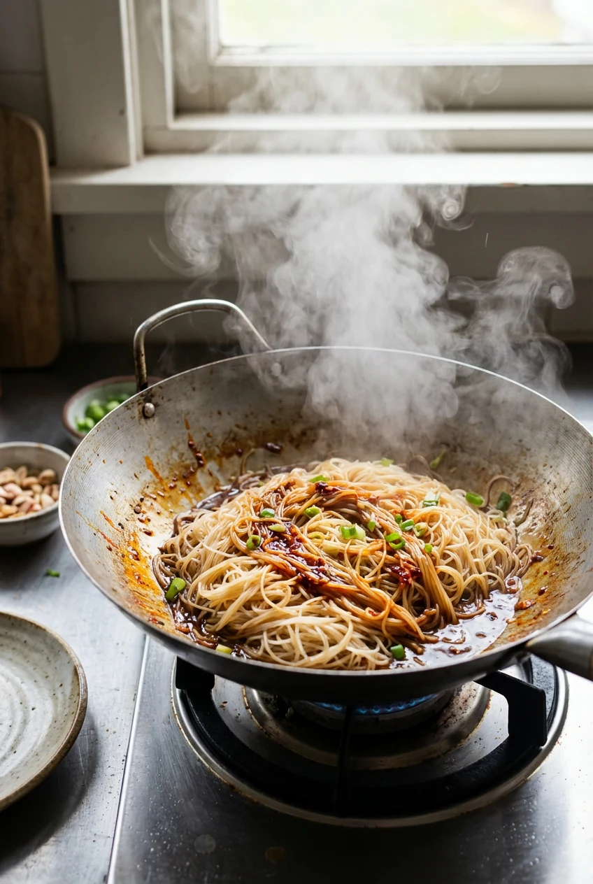 Cooking process: rice vermicelli being finished in a hot wok, noodles added at the end with a splash of water to re-loos