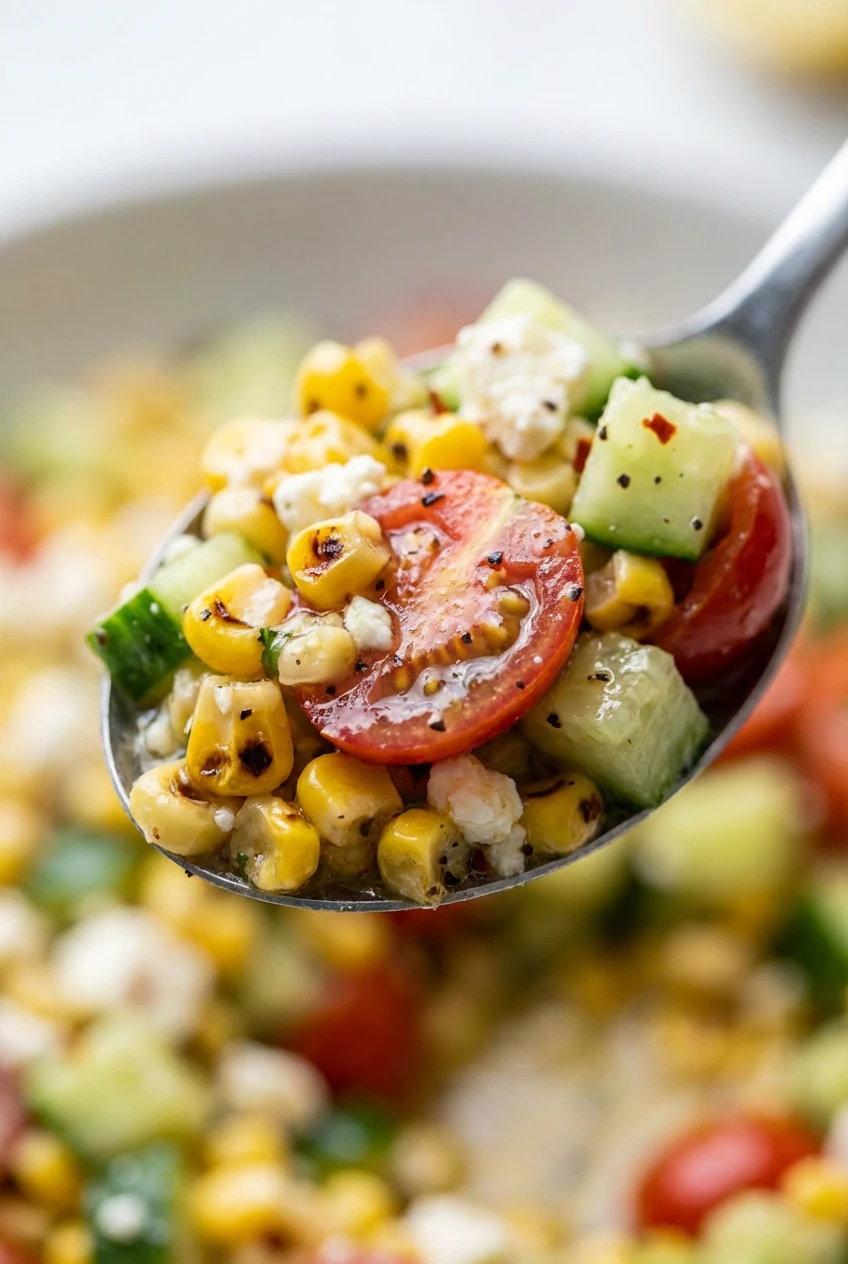 Close-up detail: Macro spoonful of the salad showing charred corn pop, juicy salted tomato, crunchy cucumber, creamy bri
