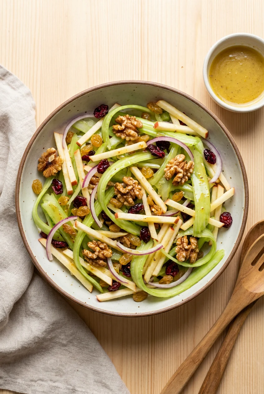 Tasty top view: Overhead shot of the salad showing even distribution of celery ribbons, apple matchsticks, thin red onio