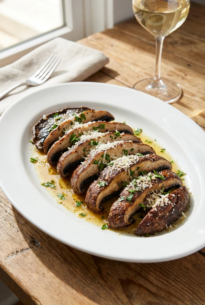 Final dish plated: roasted portobellos sliced thick and fanned on a white platter, finished with fresh lemon juice, chop