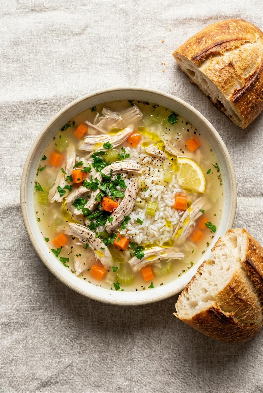Overhead — Final bowl of turkey rice soup with white rice, turkey, carrots, celery in clear herby broth; finished with f