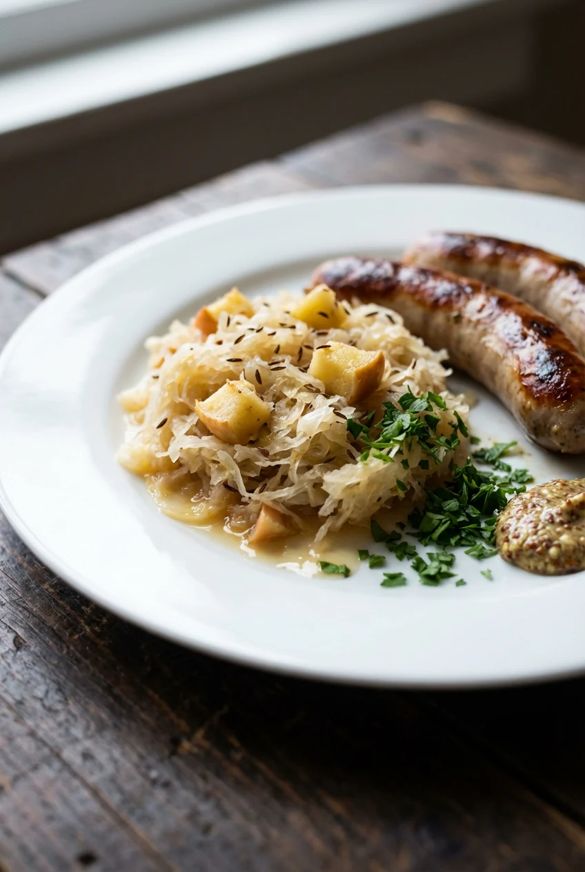 Beautifully plated sauerkraut with apples and caraway as a side to seared bratwurst, parsley sprinkle and a dab of grain