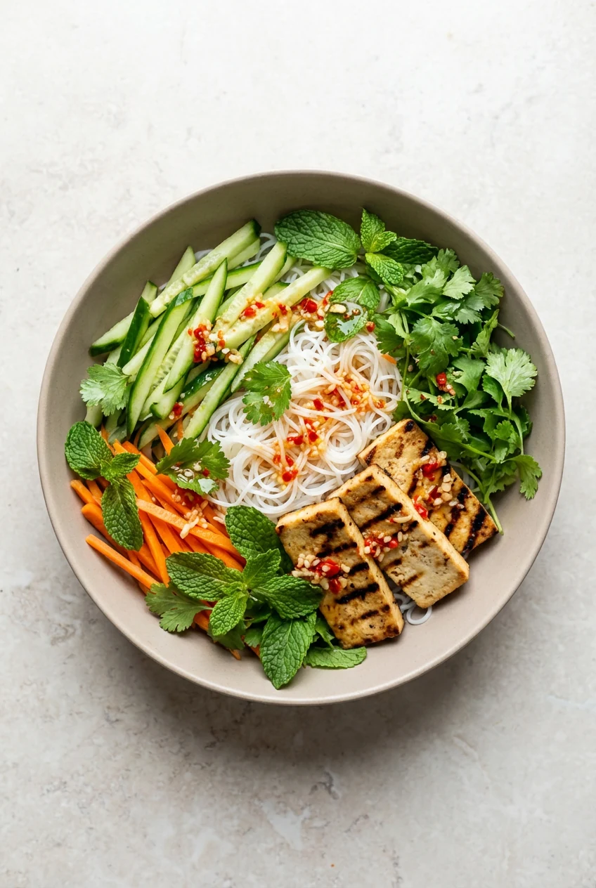 Tasty top view: Vietnamese-style vermicelli salad bowl with cucumbers, carrots, fresh herbs (mint, cilantro), grilled to
