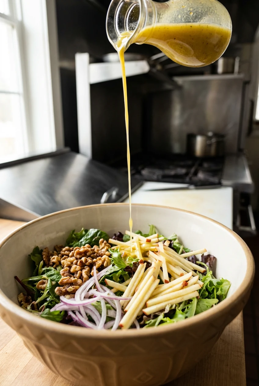 Cooking process: Thin stream of lemon-Dijon vinaigrette pouring over the assembled salad in a large mixing bowl, walnuts