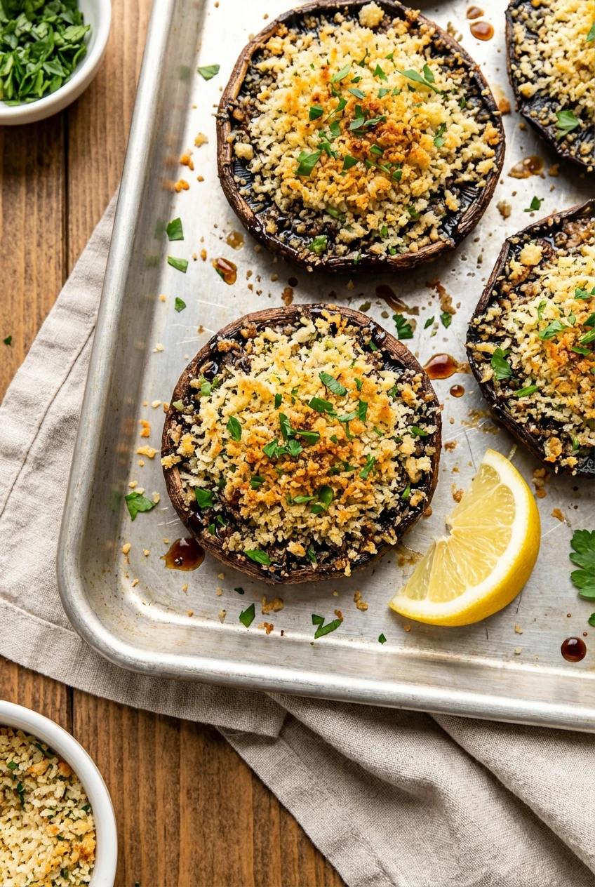 Overhead top view: Parmesan–Herb Crunch variation—roasted portobellos topped with toasted panko, Parmesan, and parsley, 