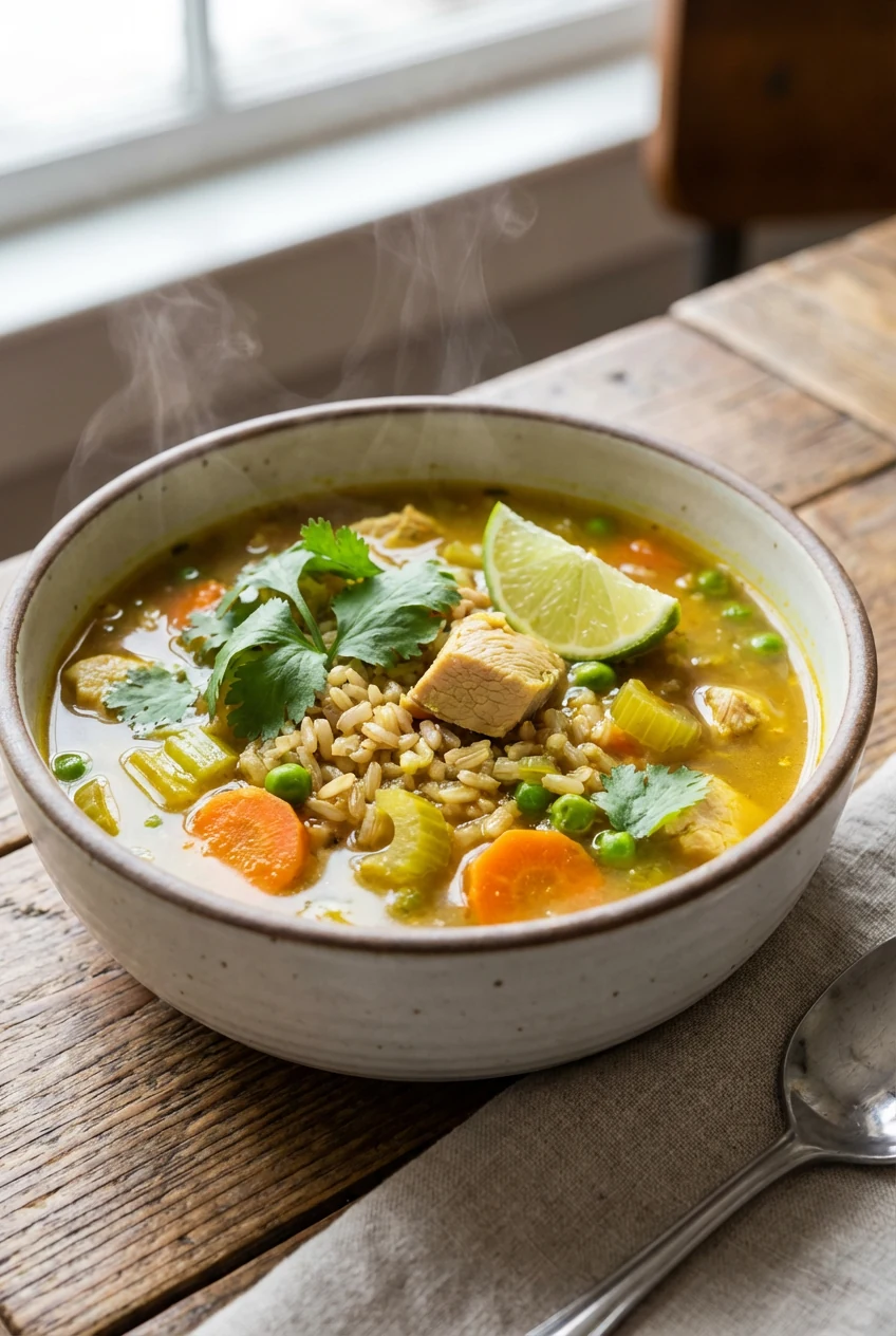 Variation — Curry vibe turkey rice soup in a bowl: golden turmeric broth, chewy brown rice, turkey pieces, carrots, cele