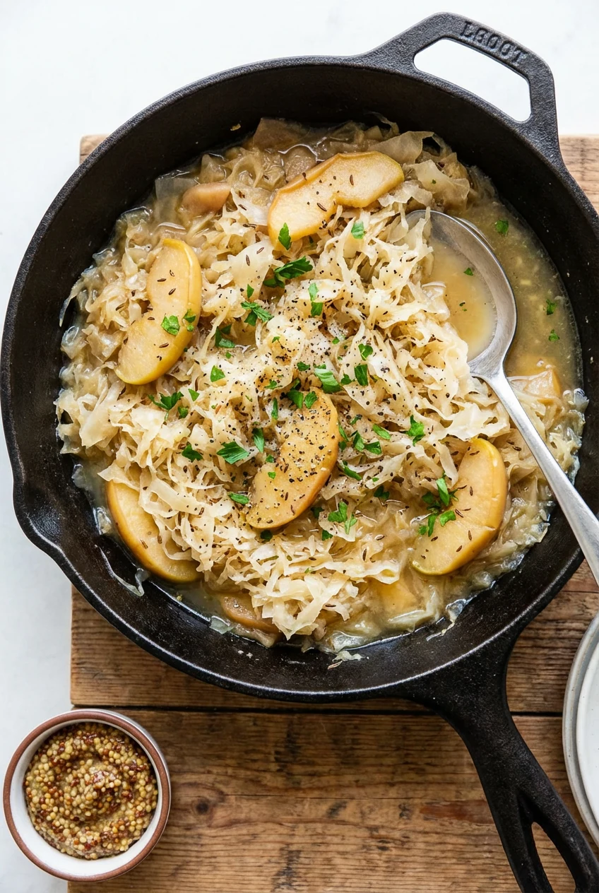Overhead shot of a skillet of finished sauerkraut with apples & caraway, finished with chopped parsley and a twist of bl