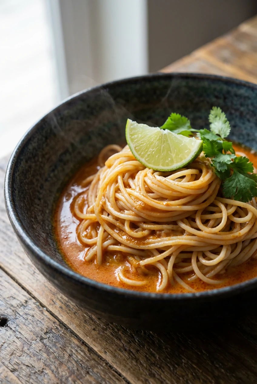 Final dish: coconut red curry vermicelli, rice noodles coated in creamy red curry sauce, coiled high and finished with a