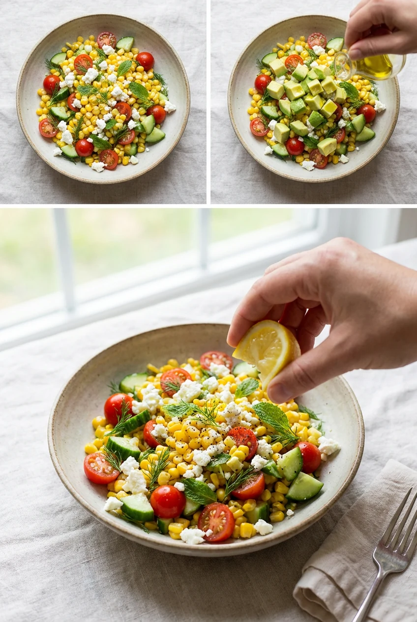 Final dish: Beautifully plated sweet corn, tomato, cucumber & feta salad in a shallow ceramic bowl, topped with extra he