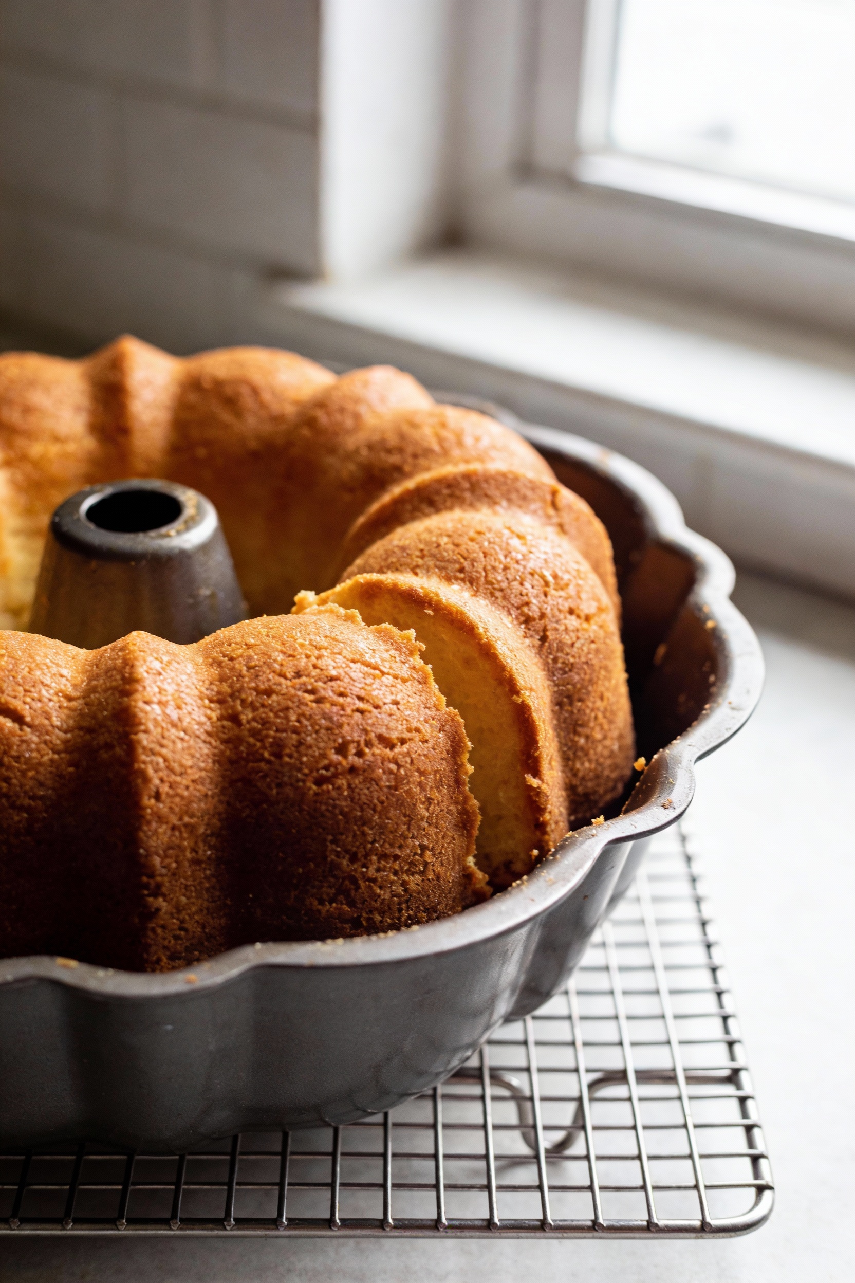 1. Cooking process: freshly baked Bundt pound cake still in the pan, deep golden crust with defined ridges and slight pu