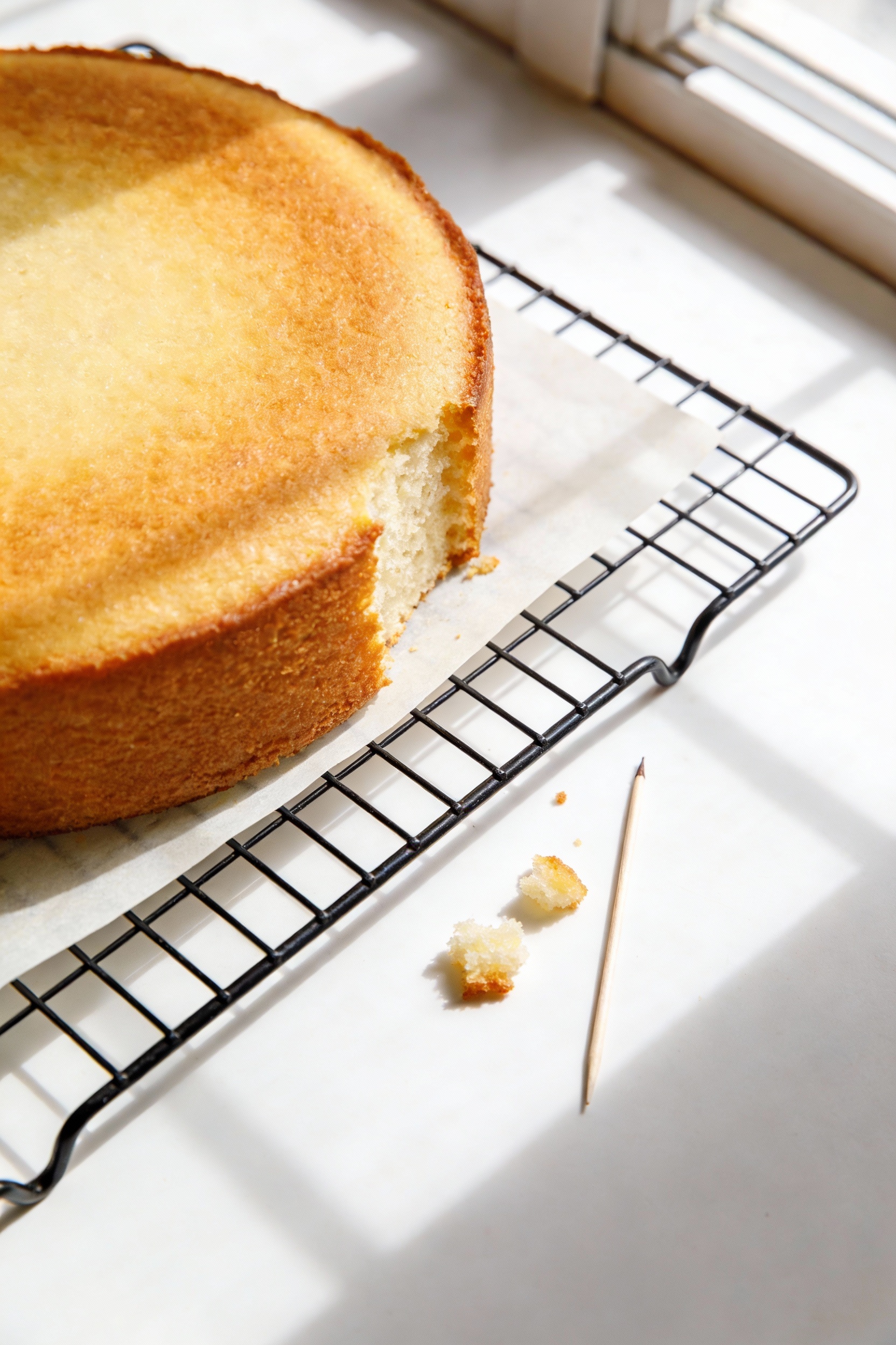 Overhead shot of a freshly baked 9-inch vanilla buttermilk oil cake on a cooling rack, golden top with slight edge pull,
