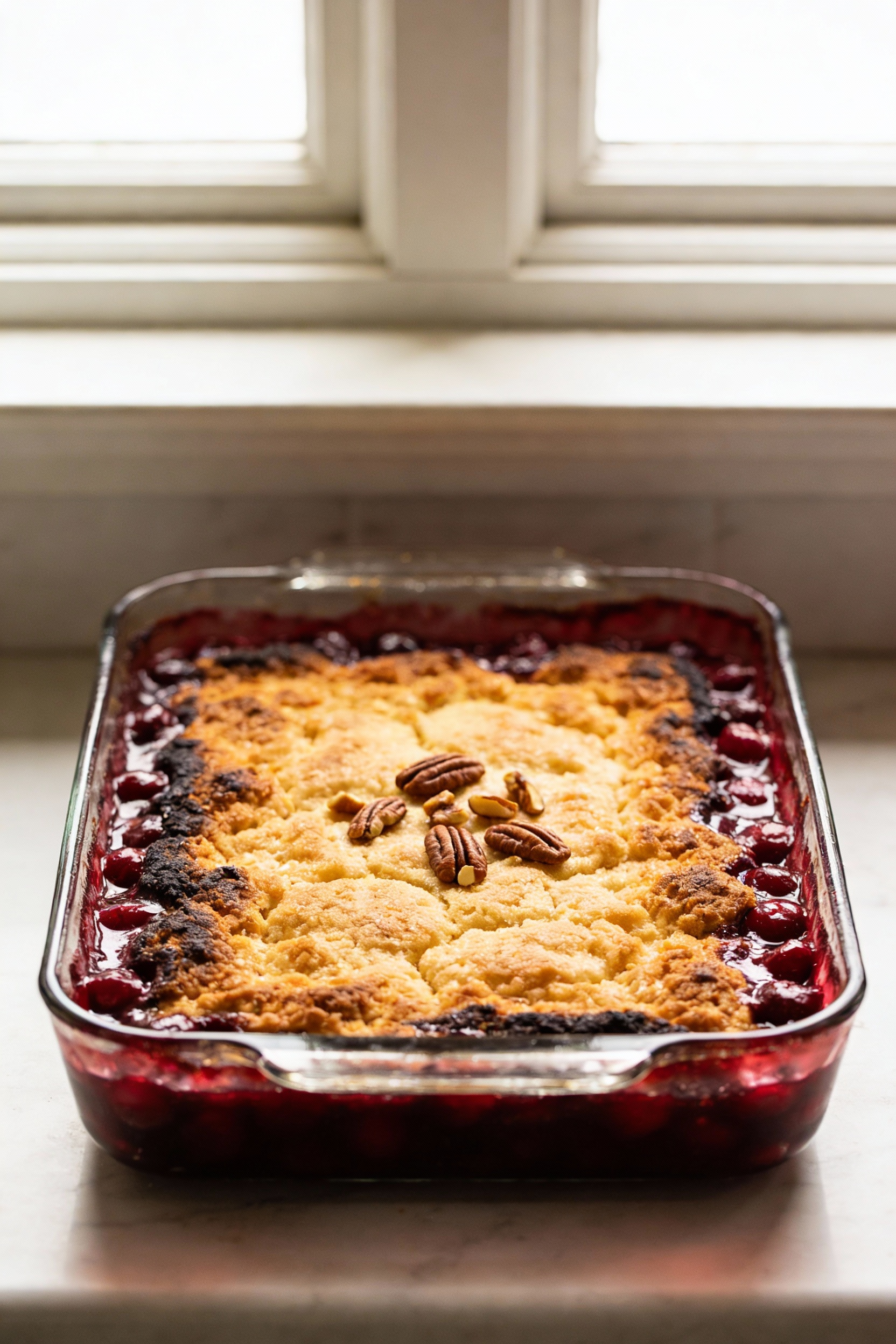 Overhead shot of a freshly baked cherry dump cake in a 9x13 glass baking dish, deep golden buttery crust with darker cri