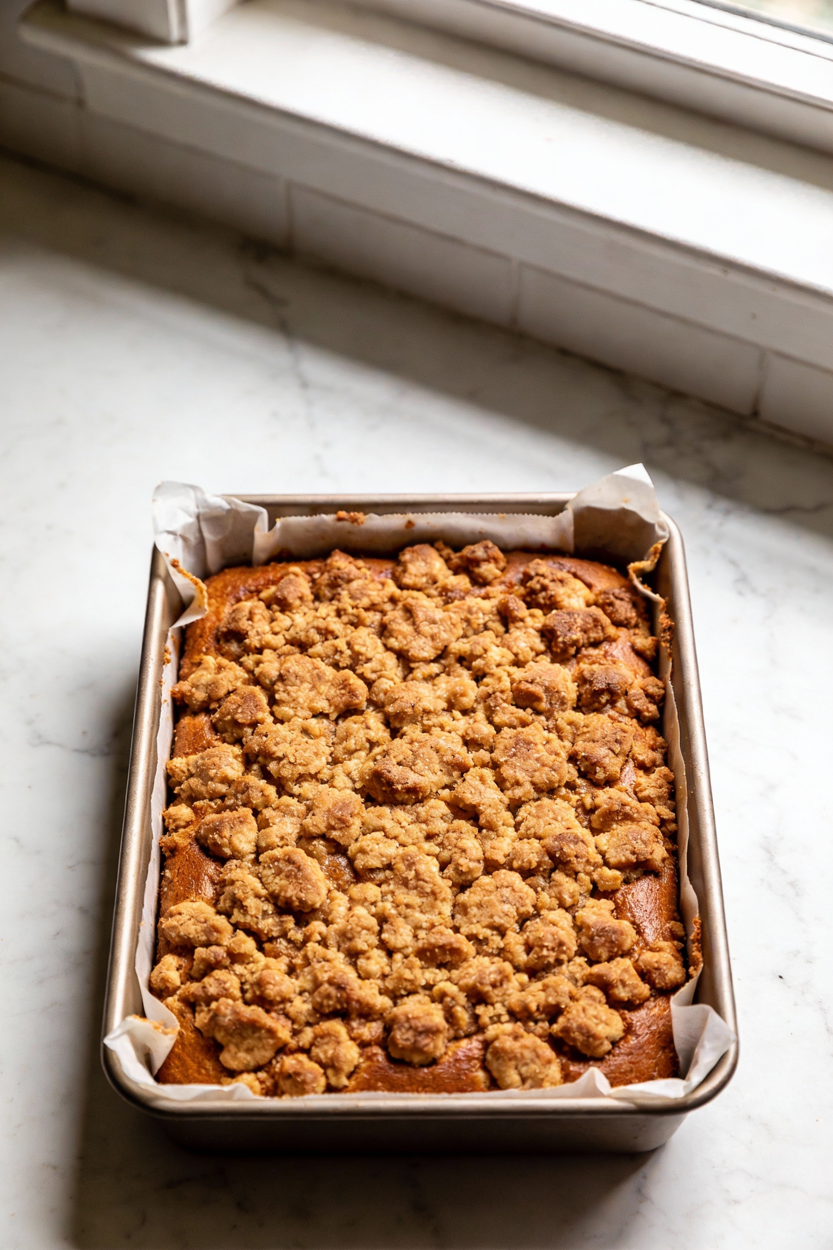 1. Overhead shot of a baked cinnamon streusel coffee cake in a 9-inch square pan lined with parchment, thick golden-brow