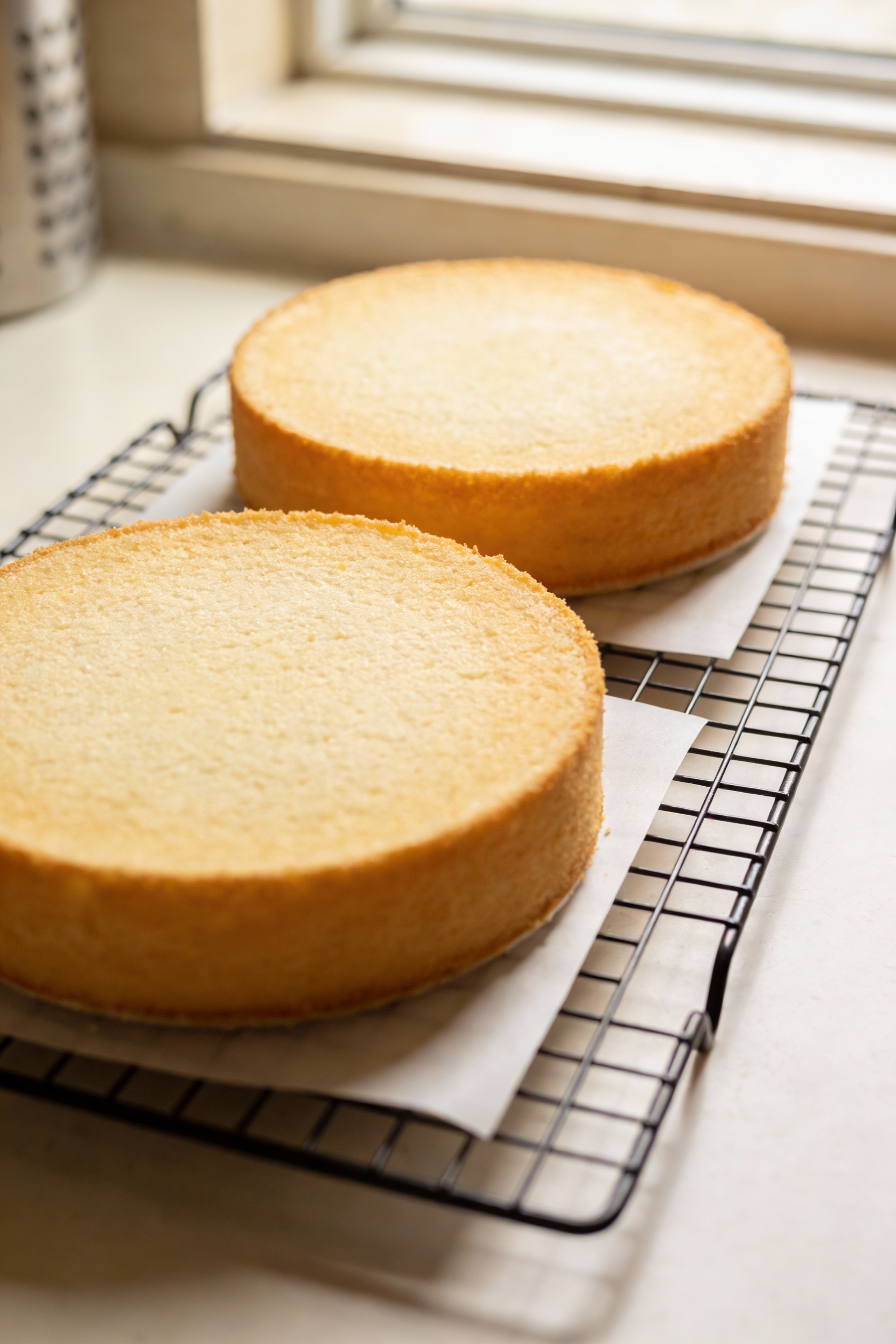 1. Cooking process: two 8-inch vanilla cake layers cooling on a wire rack after turning out, light golden tops and clean