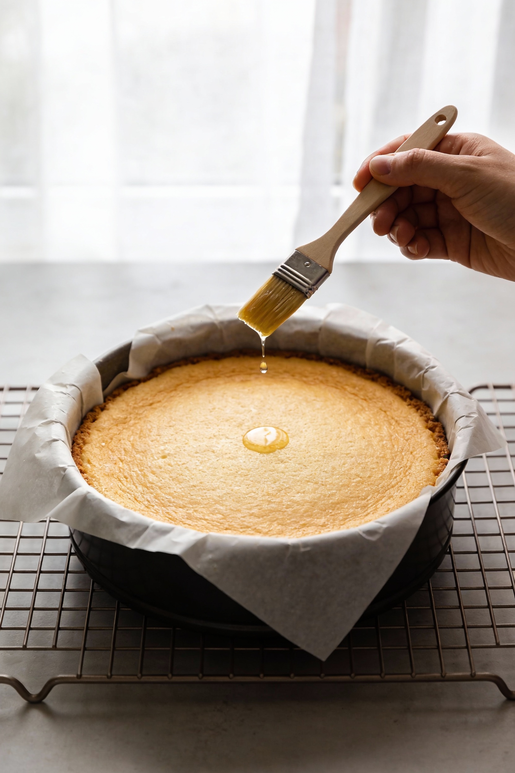 Freshly baked single-layer vanilla cake still in its parchment-lined 9-inch round pan on a cooling rack, golden top with