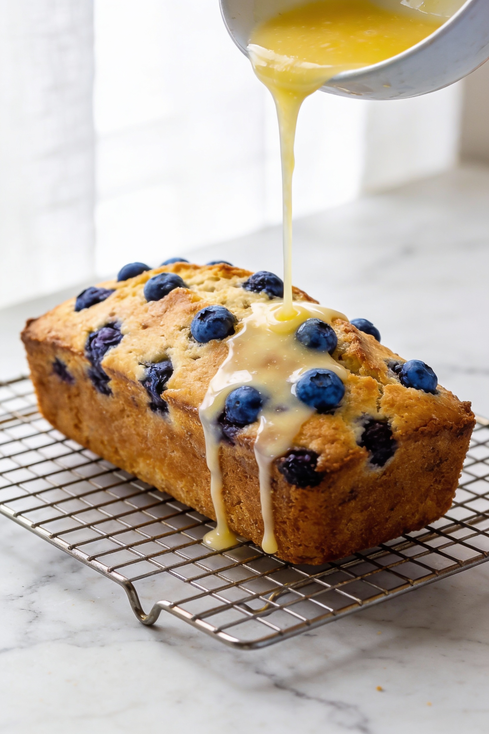 Cooking process: Blueberry loaf cake cooled on a wire rack being drizzled with glossy lemon glaze, berries evenly suspen