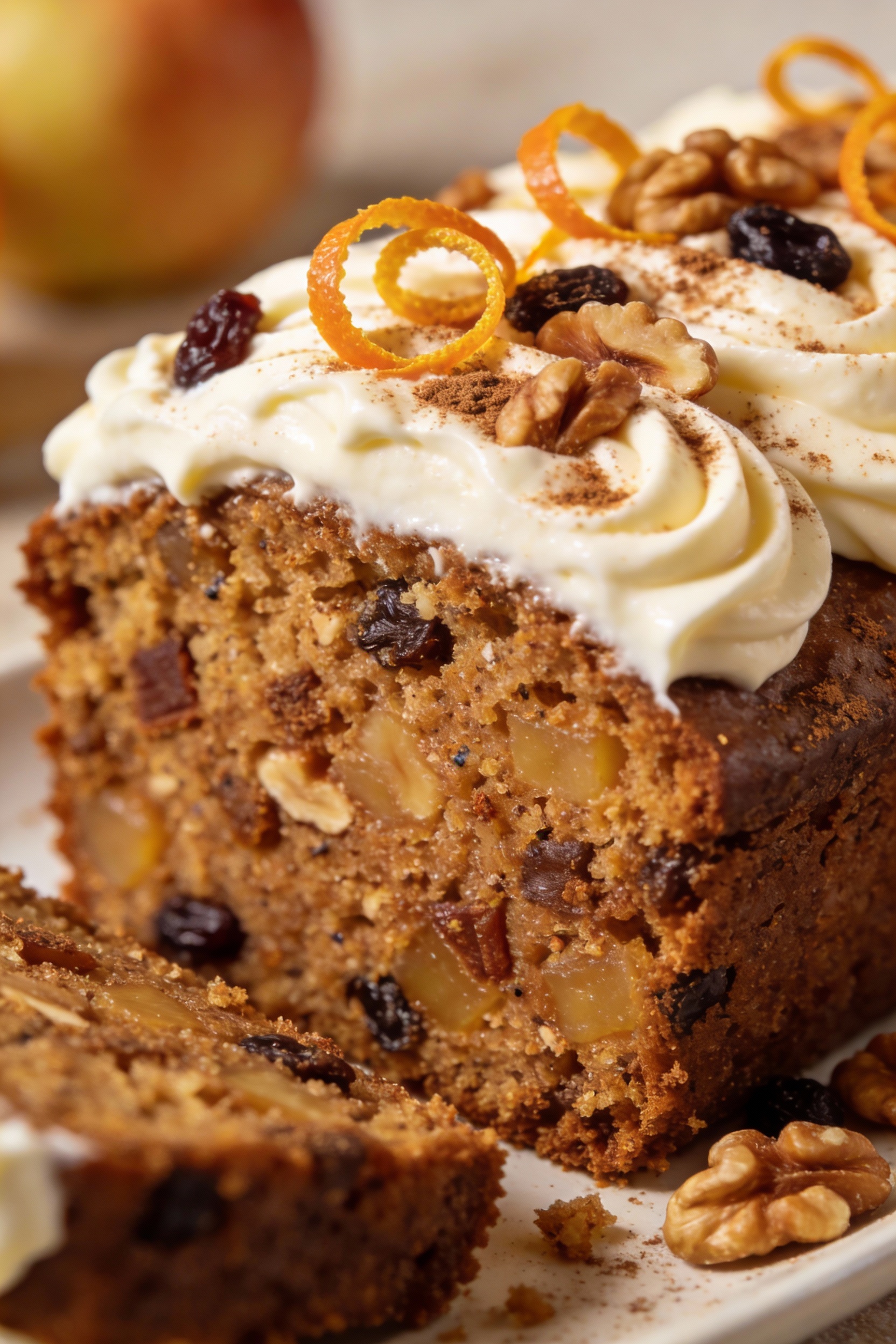 Close-up of a sliced spice cake with tangy cream cheese frosting swirls, showing a moist, tender crumb from brown sugar
