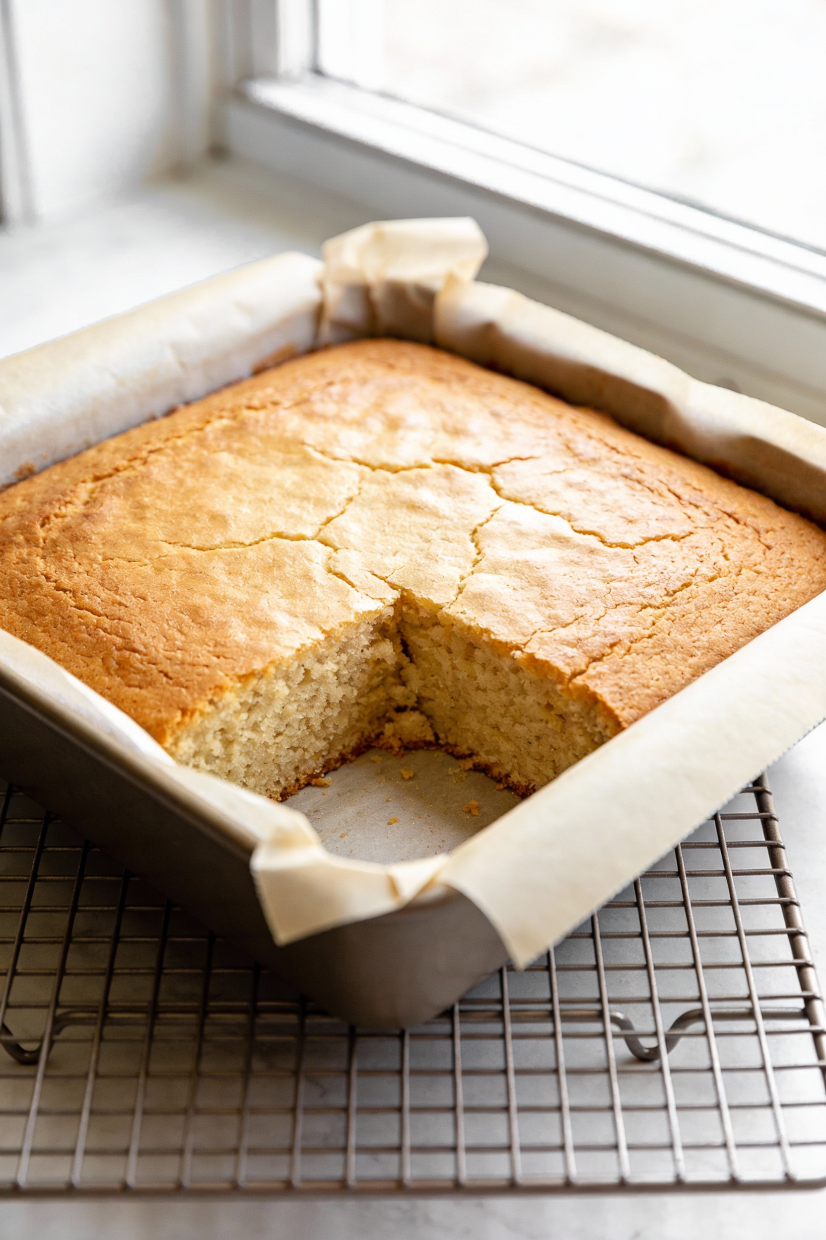 Freshly baked one-bowl vanilla snacking cake cooling in a parchment-lined 8-inch square pan on a wire rack, golden top w