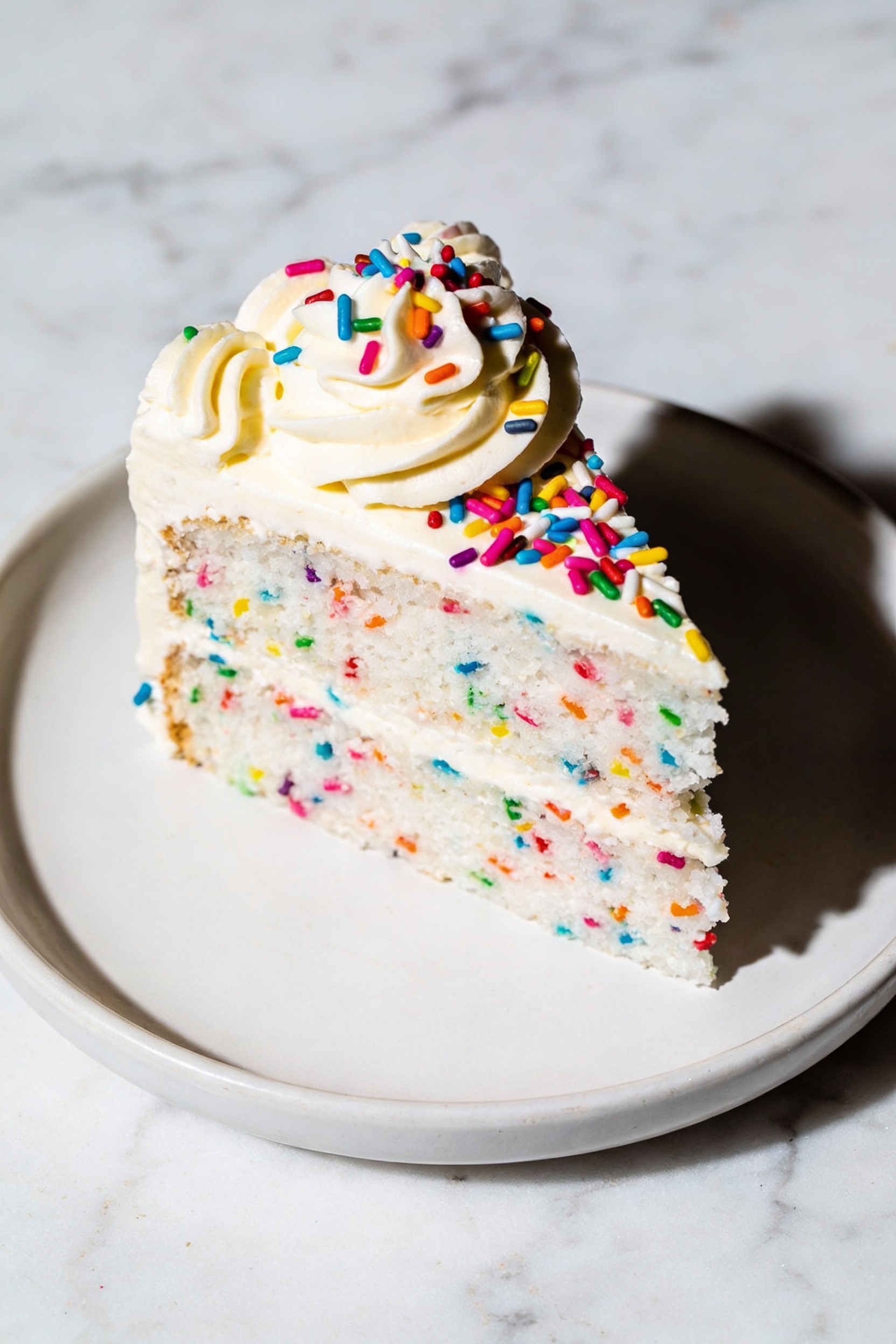 Overhead shot of a Funfetti party cake slice on a matte white plate, ultra-white crumb studded with rainbow sprinkles, c