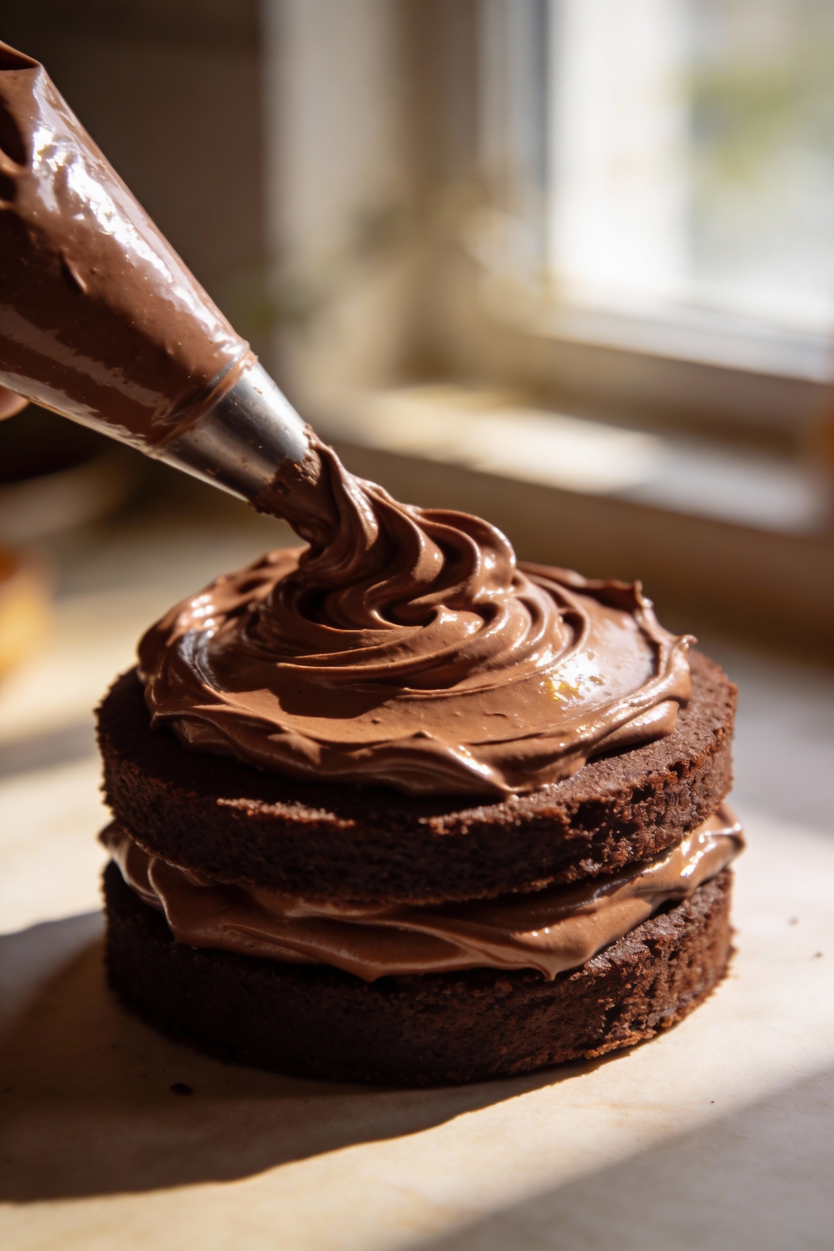 Close-up of a whipped chocolate ganache filling being spread between two chocolate cake layers, ganache cooled to puddin
