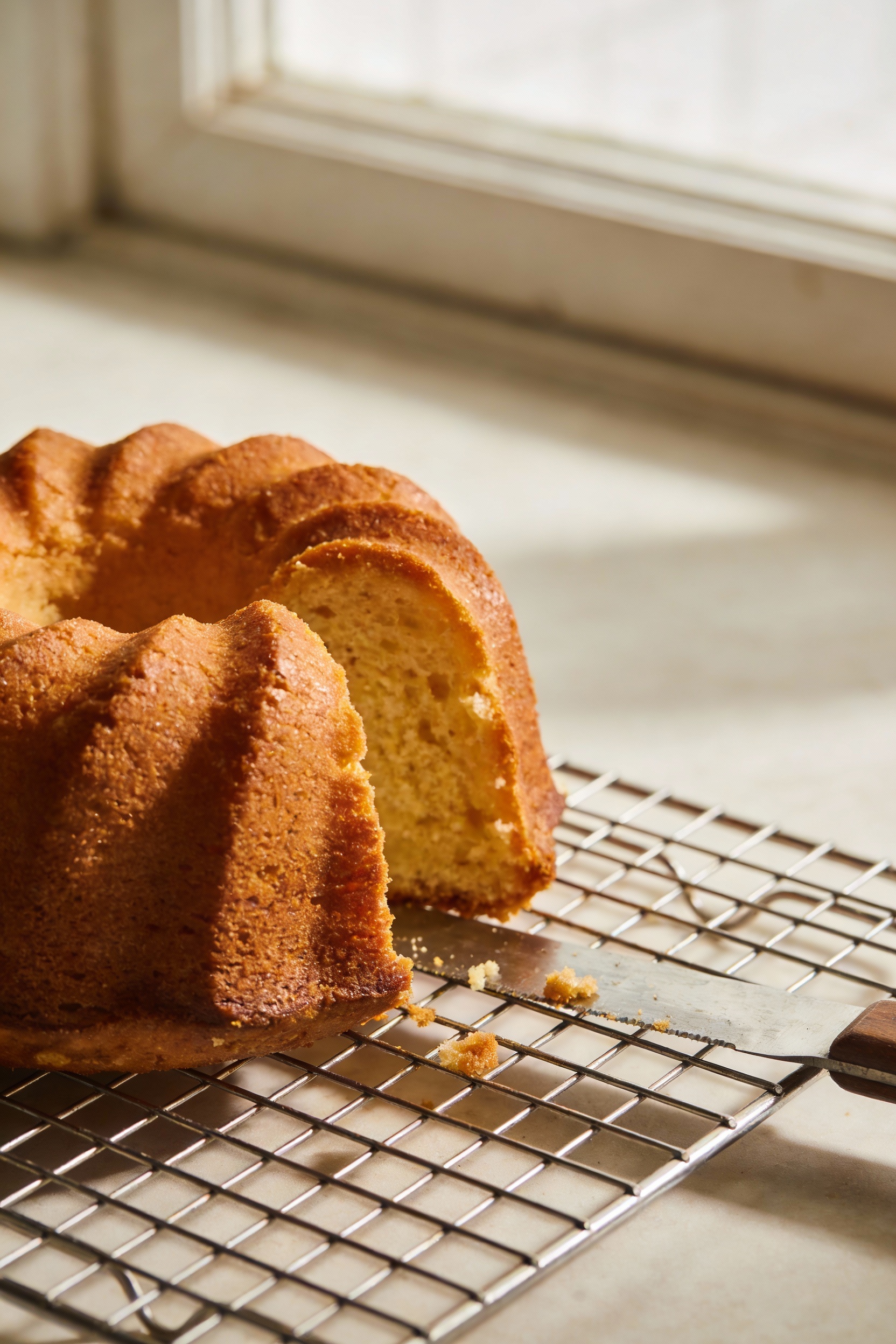 Close-up detail of a golden-brown Bundt cake just unmolded onto a cooling rack, crisp ridges and tender crumb visible wh