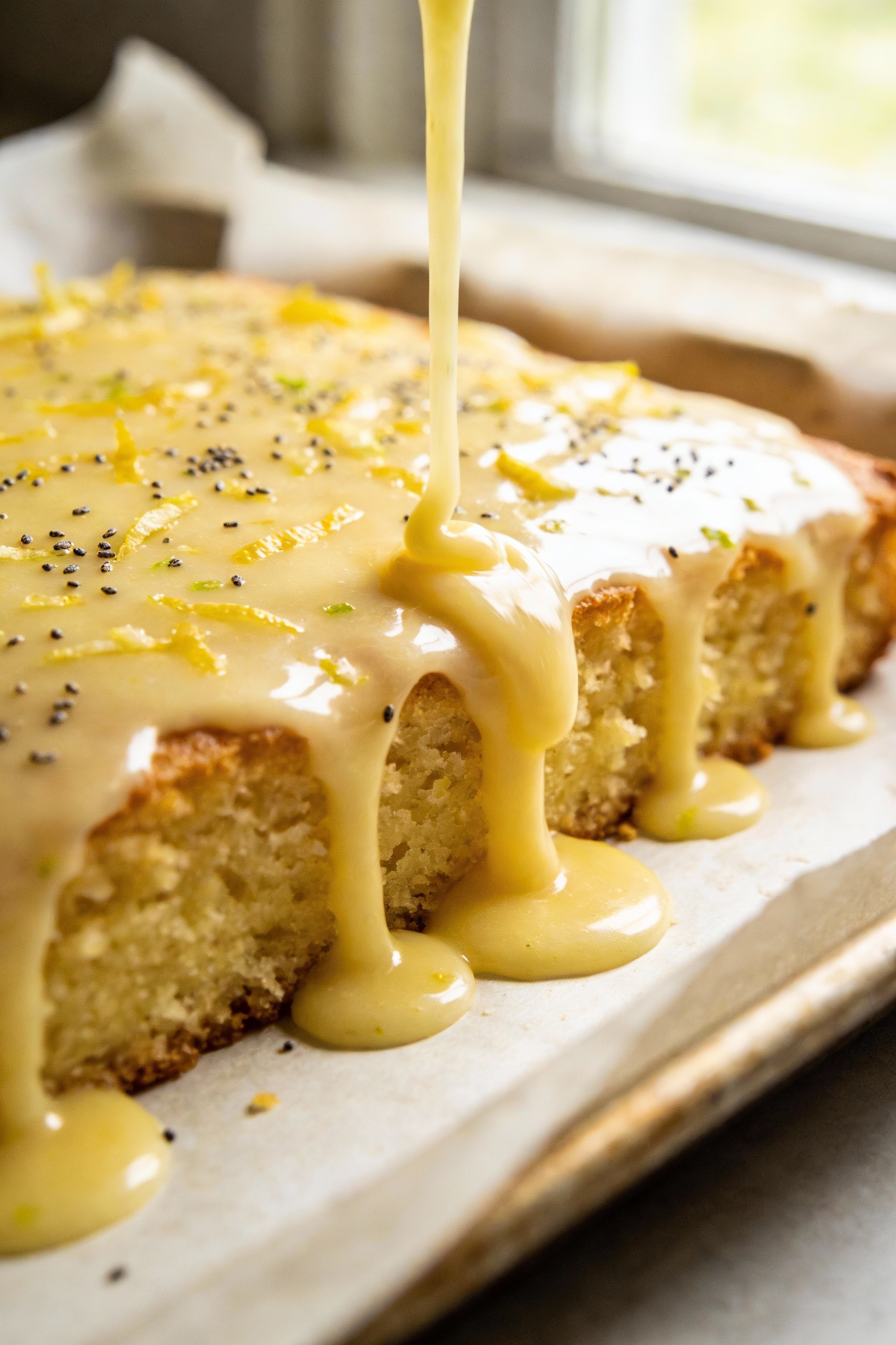 Close-up detail of thick lemon glaze dripping over a moist lemon sheet cake, glossy finish with visible lemon zest fleck