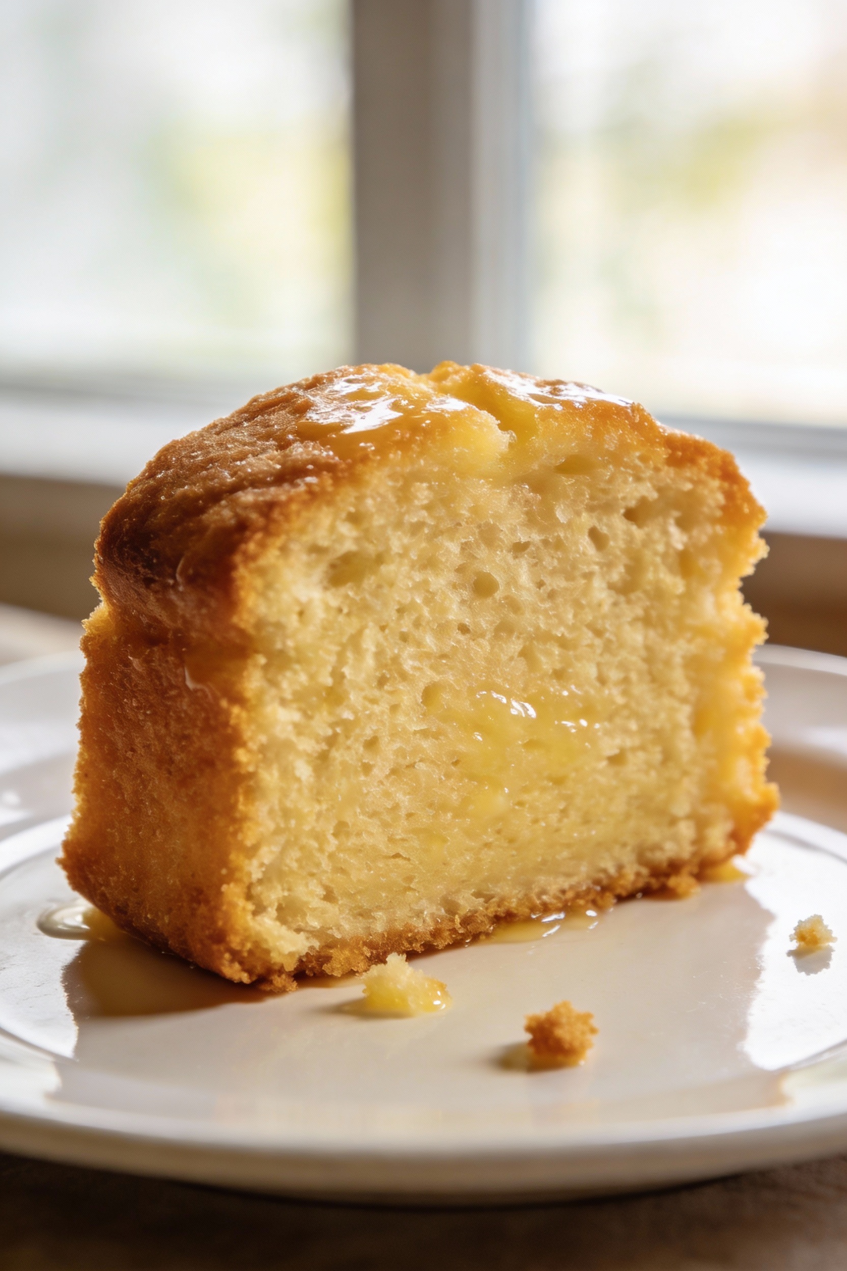 Close-up detail of a thick slice of ultra-moist vanilla pound cake showing a tight-yet-tender velvety crumb and buttery 