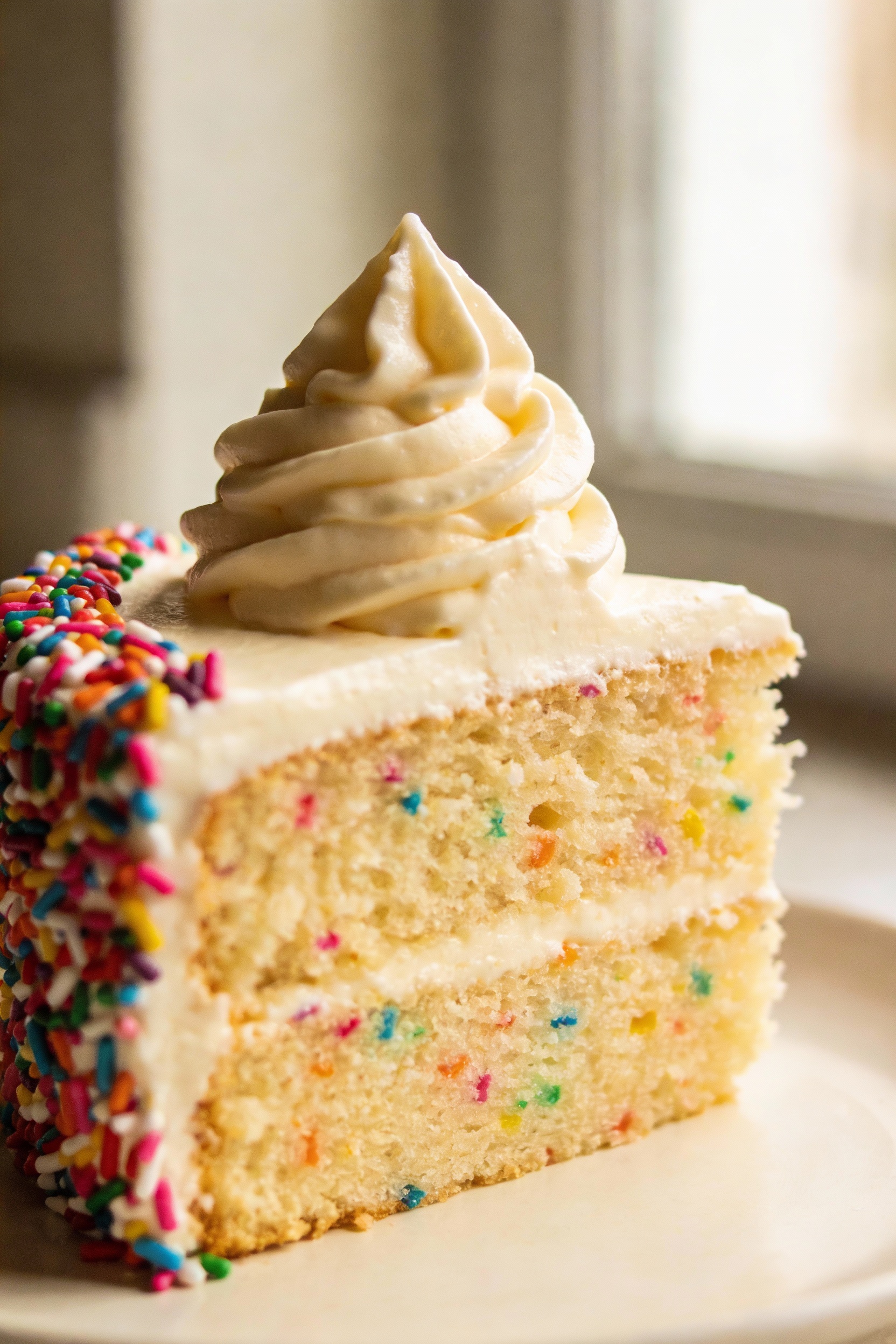 Close-up detail of a vanilla birthday layer cake slice showing a moist, tender crumb and tiny rainbow funfetti sprinkles
