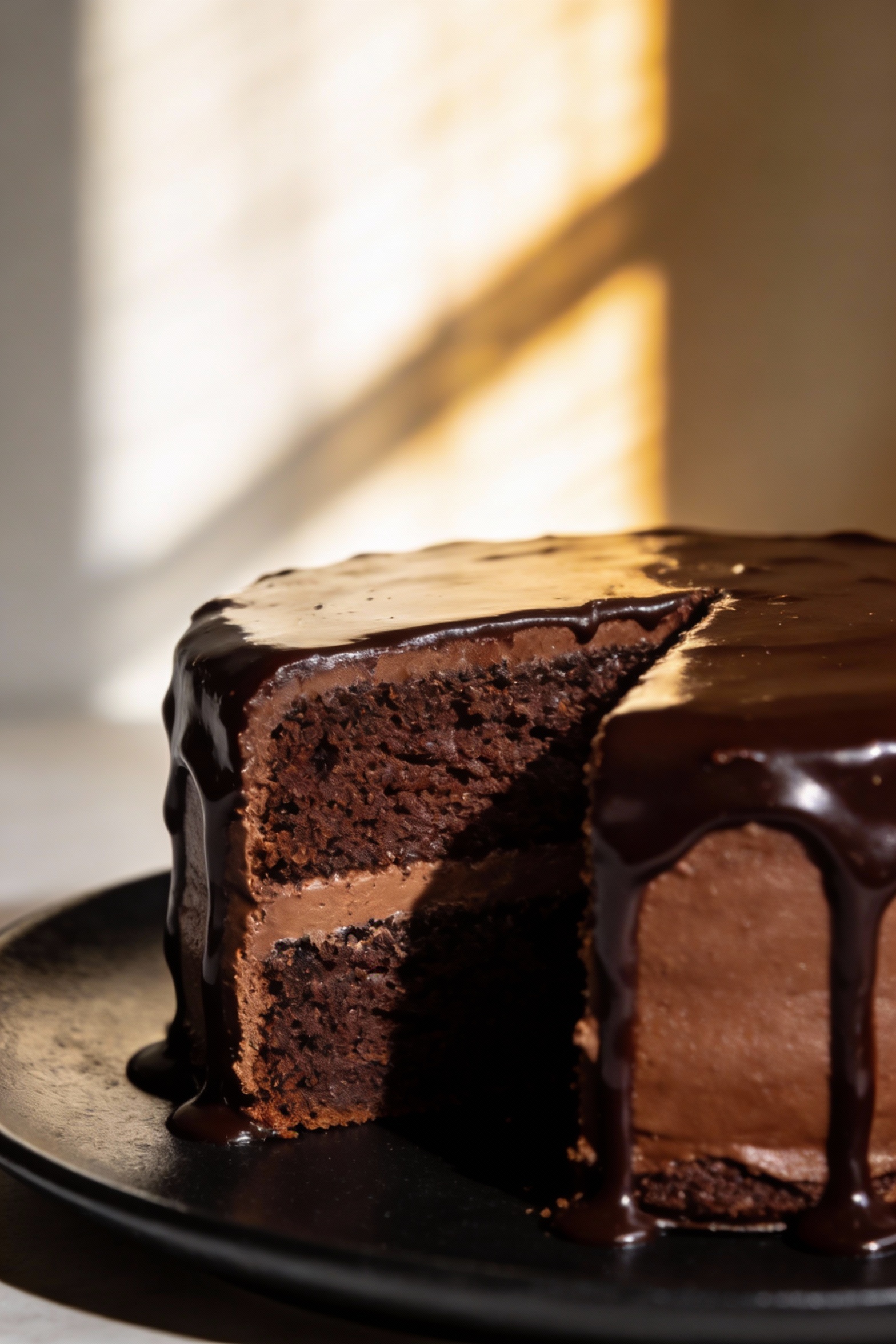 1. Close-up detail of a sliced two-layer vegan chocolate cake with glossy dark chocolate ganache drips and a fine, tende