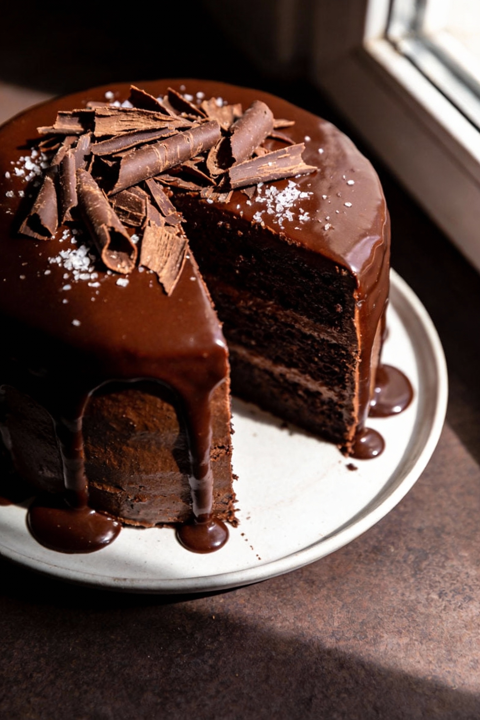 Overhead shot of a finished fudgy chocolate celebration layer cake glazed with glossy chocolate ganache, topped with sha