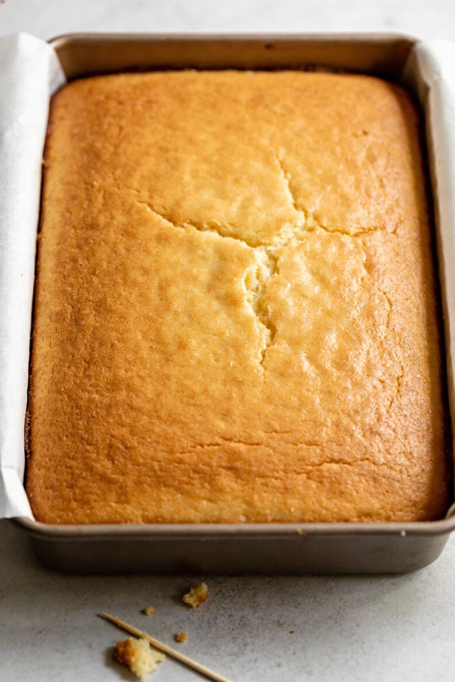 Overhead shot of a 9x13 upgraded vanilla box-mix cake just baked in the pan, smooth golden top with faint crackle, a too