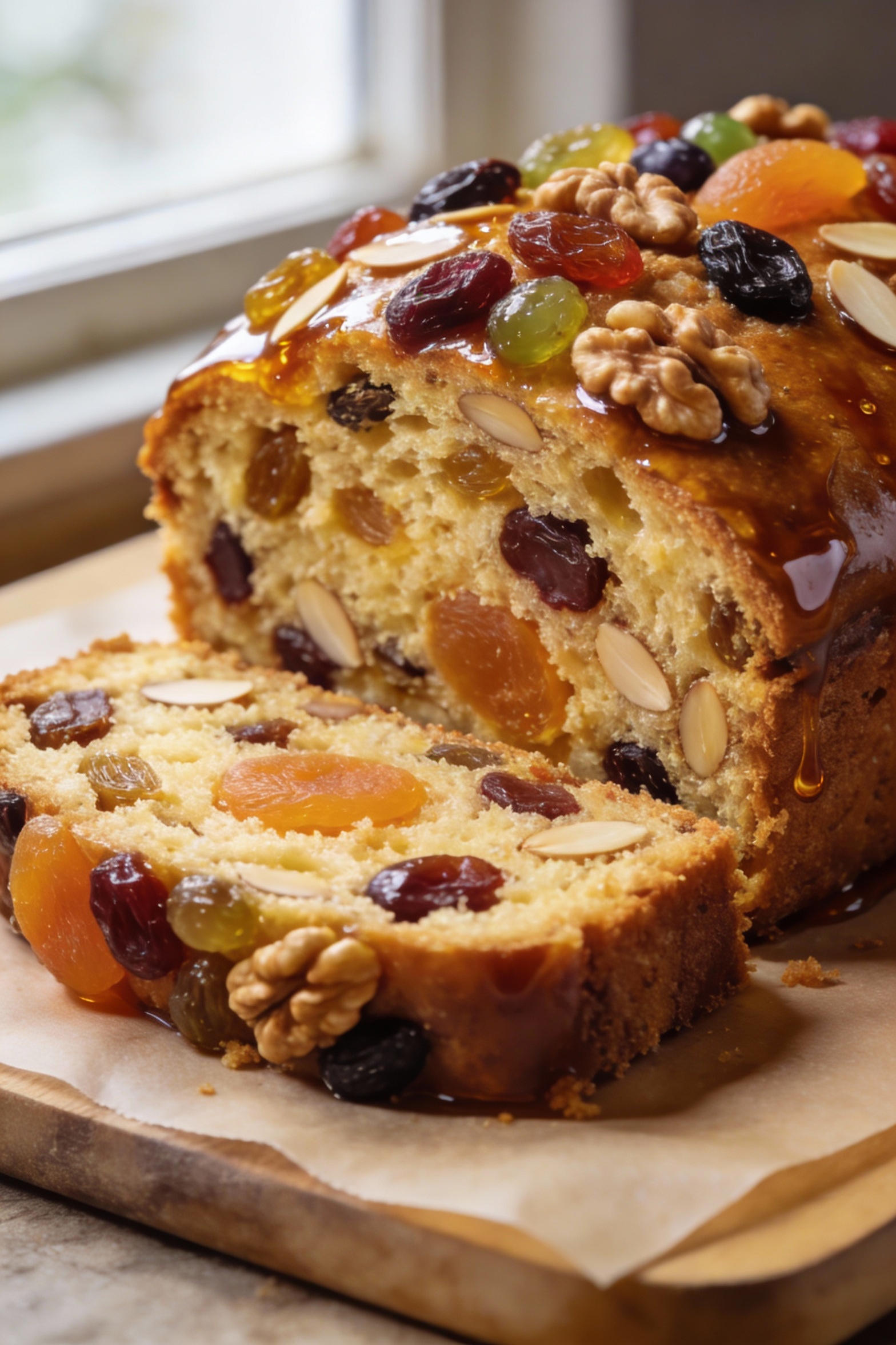 Close-up detail of a sliced brandied fruit & nut celebration cake, jewel-toned raisins/currants/dates/apricots packed in