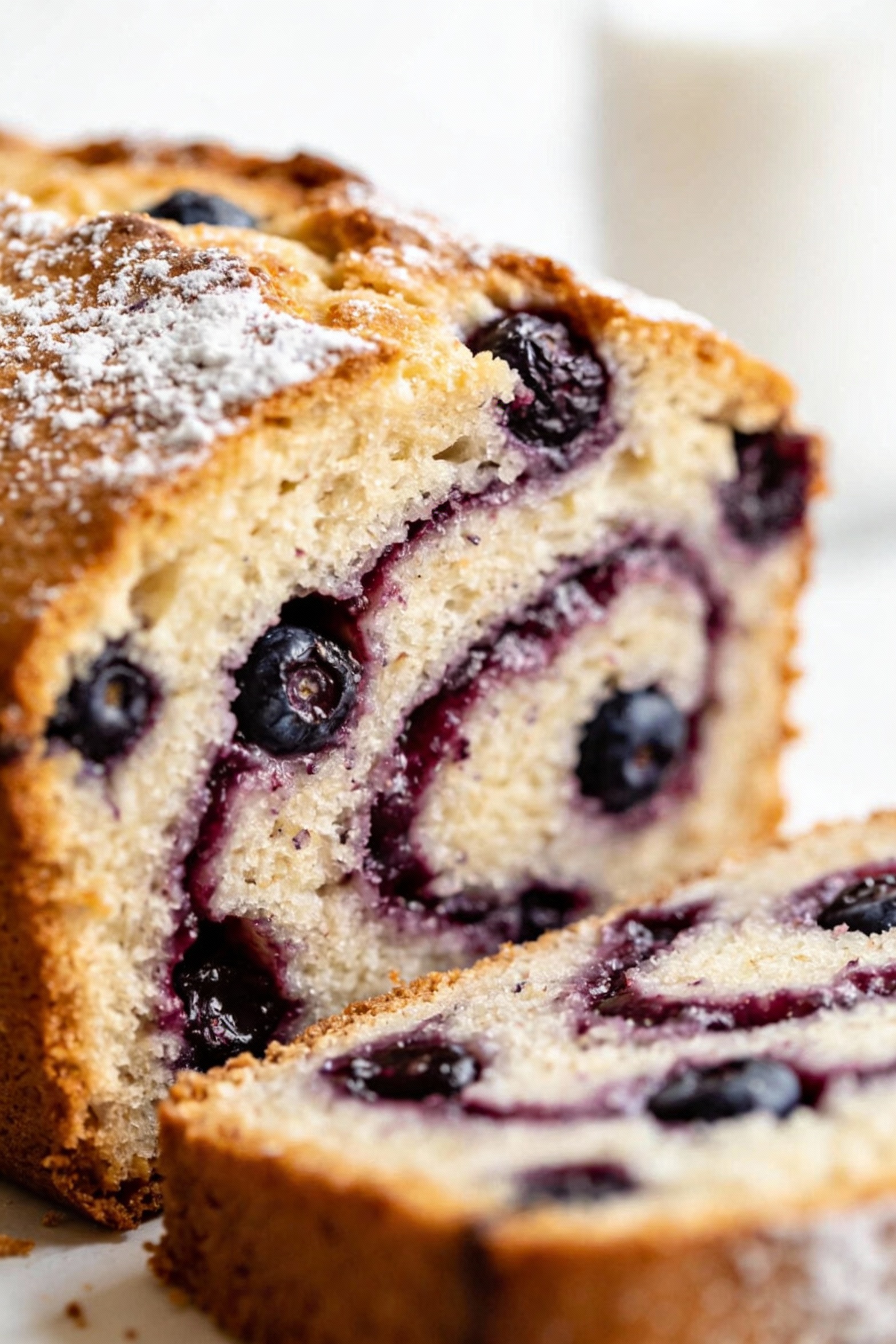 Close-up detail of a sliced blueberry yogurt cake showing a plush, tender crumb with jammy blueberry swirl ribbons and w
