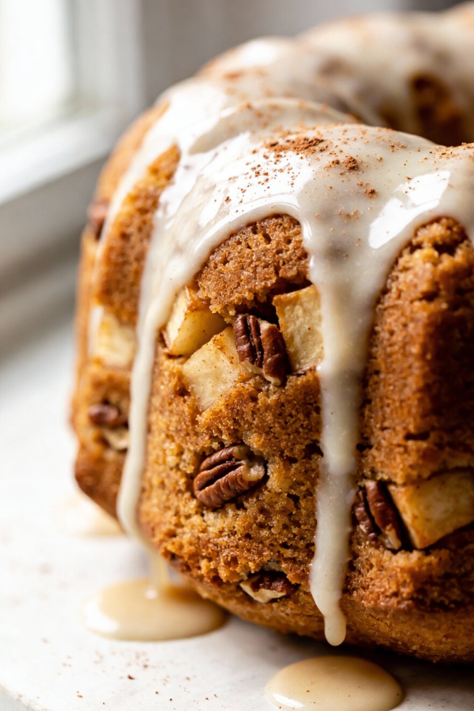 Close-up detail of apple cider glaze dripping over a golden spice bundt cake, visible diced apple pieces and pecan bits 